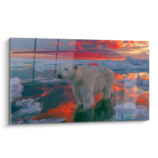 Ours polaire blanc et roux avancant sur banquise sous ciel rouge et orange flamboyant