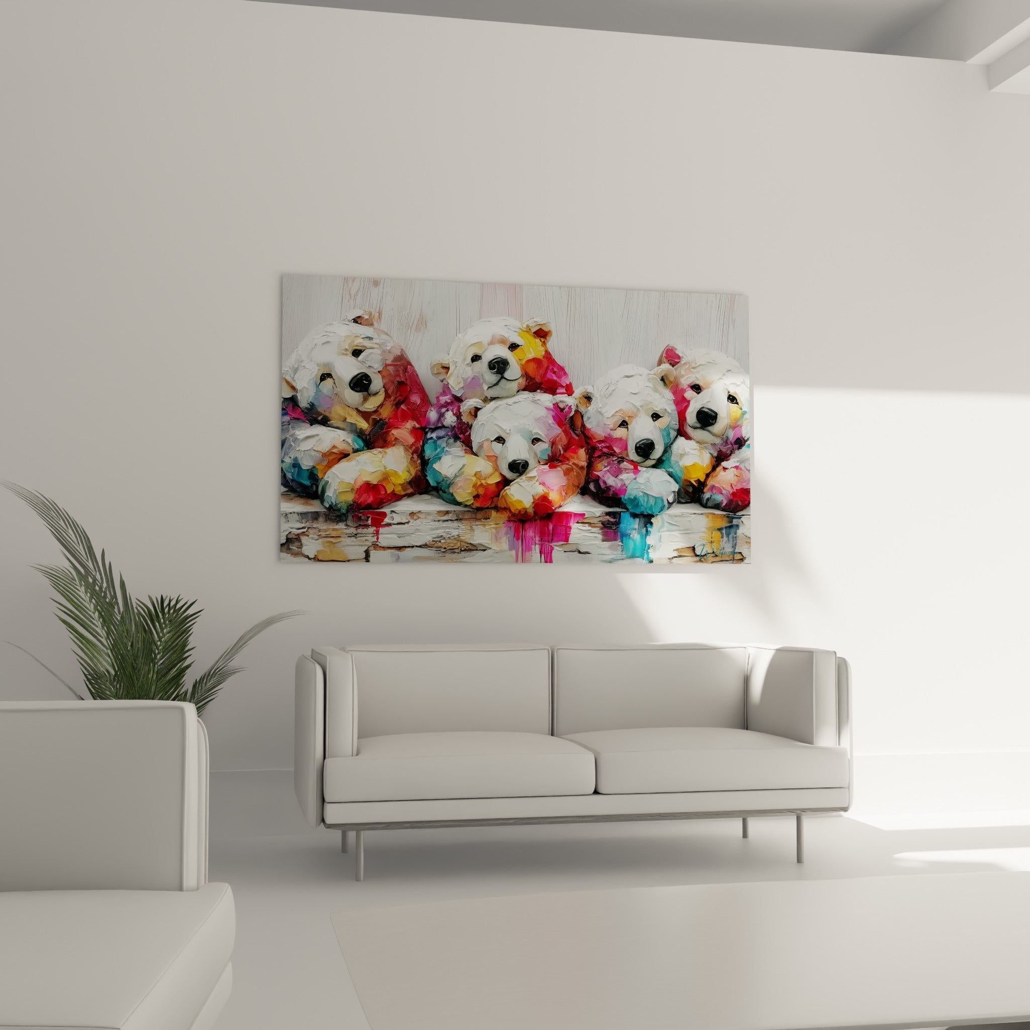 Fratrie d'ours polaire aux reflets bleu pastel et fuchsia, suspendue au-dessus d'un canapé dans un salon lumineux