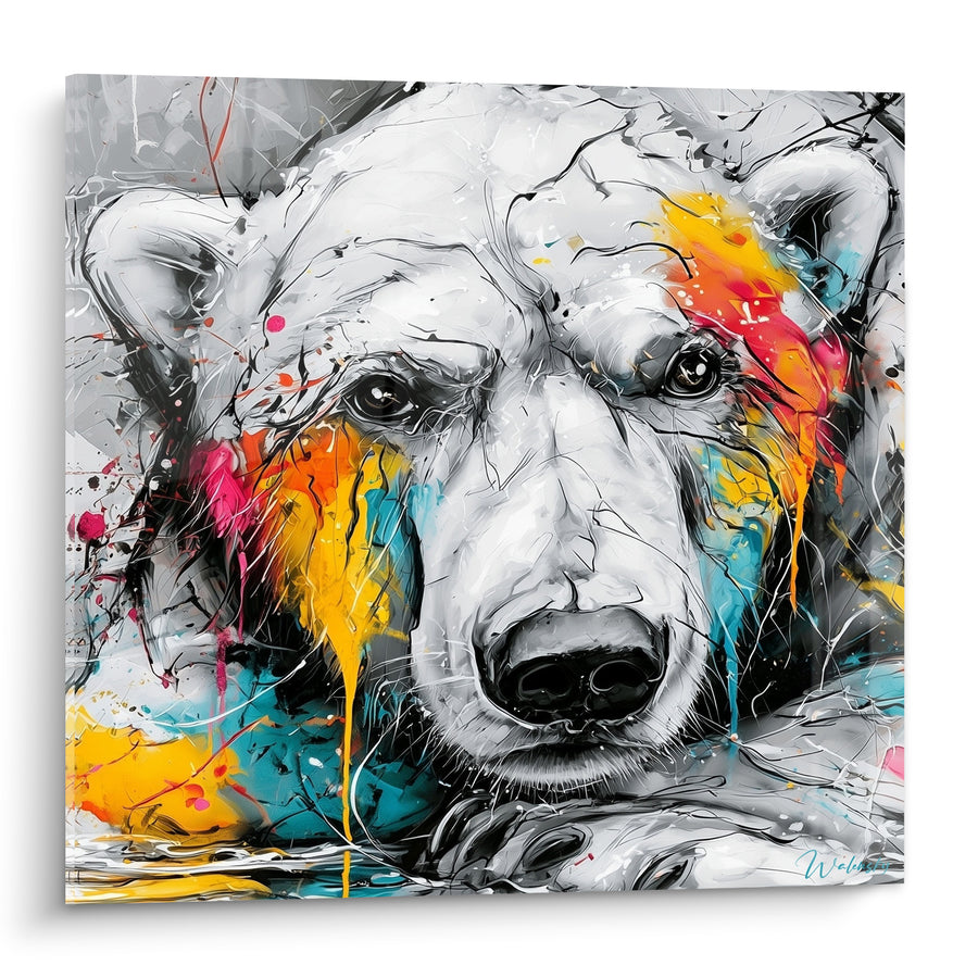 Tableau Ours blanc aux coulures orange et turquoise - Rugissement de couleurs - Edition Ours polaire