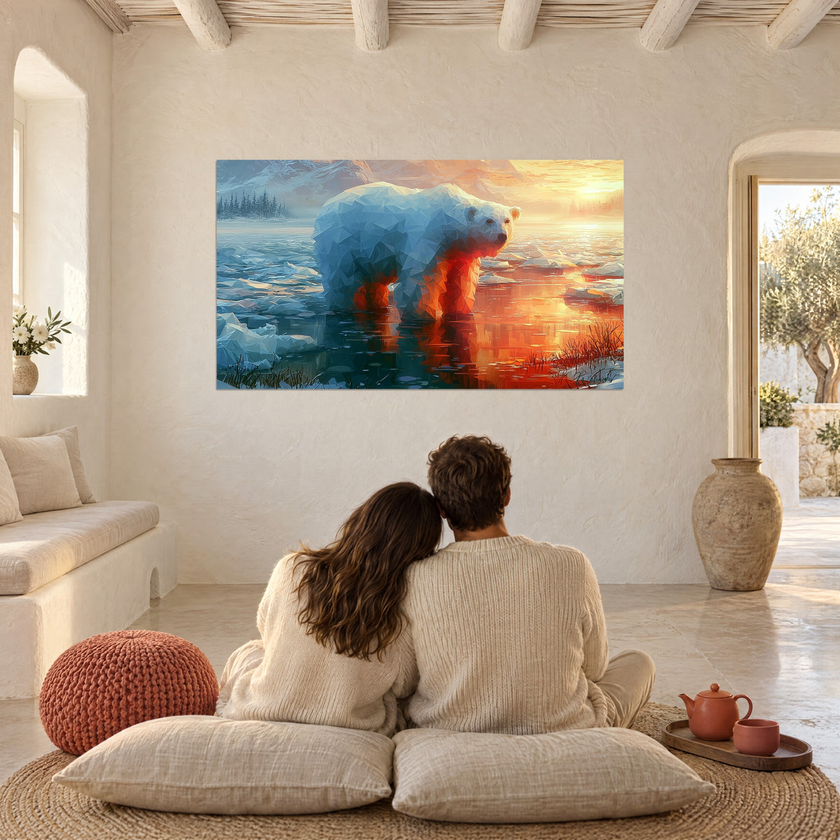 Tableau ours polaire aux facettes bleu azur et orange vif, lever de soleil doré, couple de dos assis sur des coussins au sol