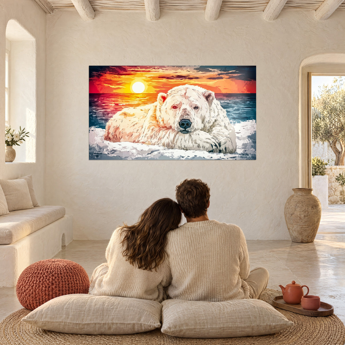 Schilderij ijsbeerin met parelmoerwit vacht, karmijnrode en gouden zonsondergang, een koppel van achteren zittend op kussens in een innige omhelzing