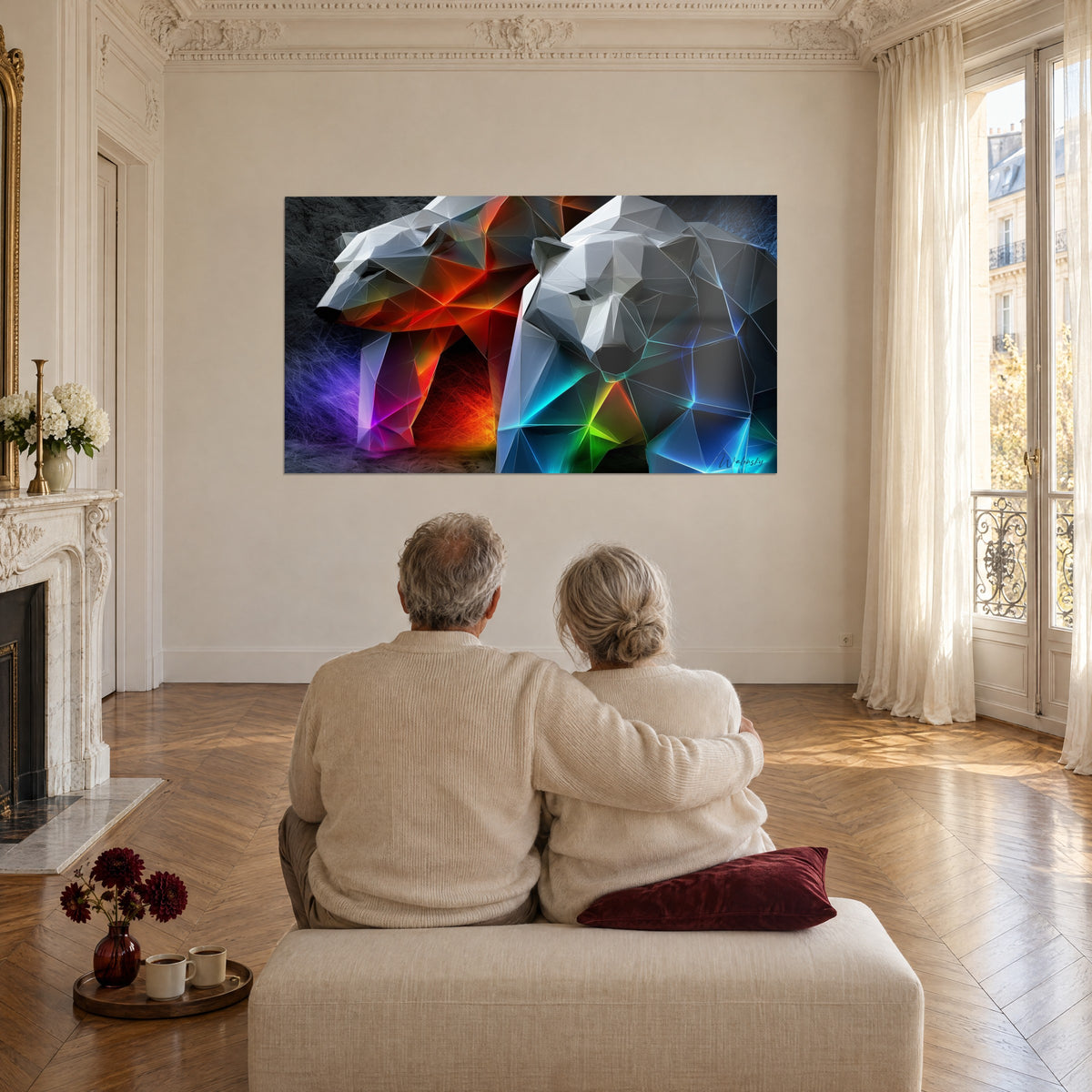 Wall art of two polar bears with glowing edges, blazing red and icy blue, admired by a couple seen from behind on a pouf