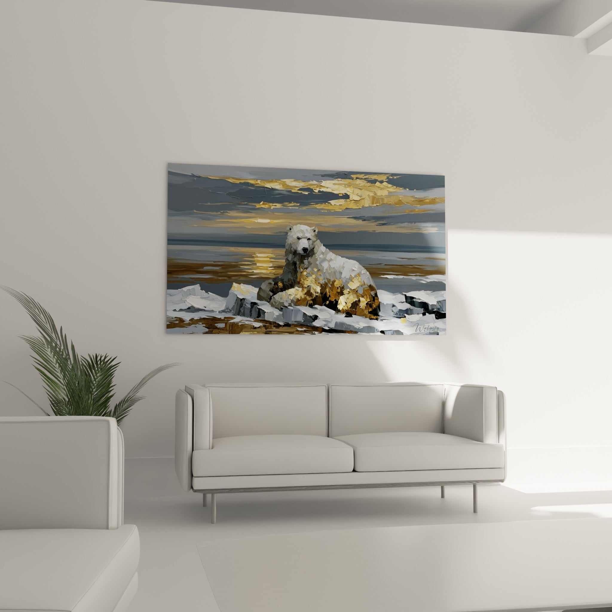 Ours polaire blanc et or fixant l'horizon glacé, tableau suspendu au-dessus d'un canapé dans un salon lumineux