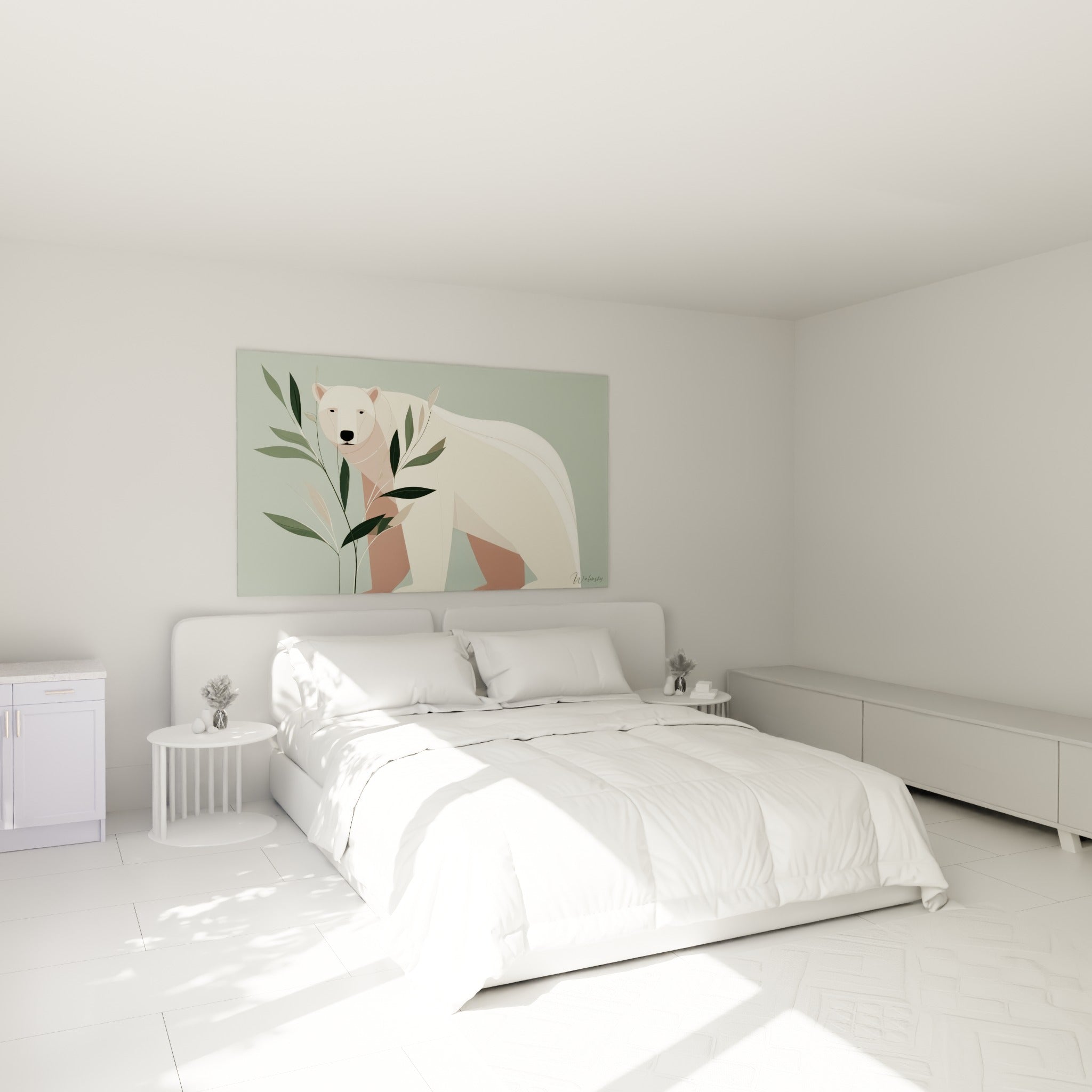 Silhouette d'ours polaire crème parmi des feuillages verts, au-dessus d'un lit dans une chambre claire