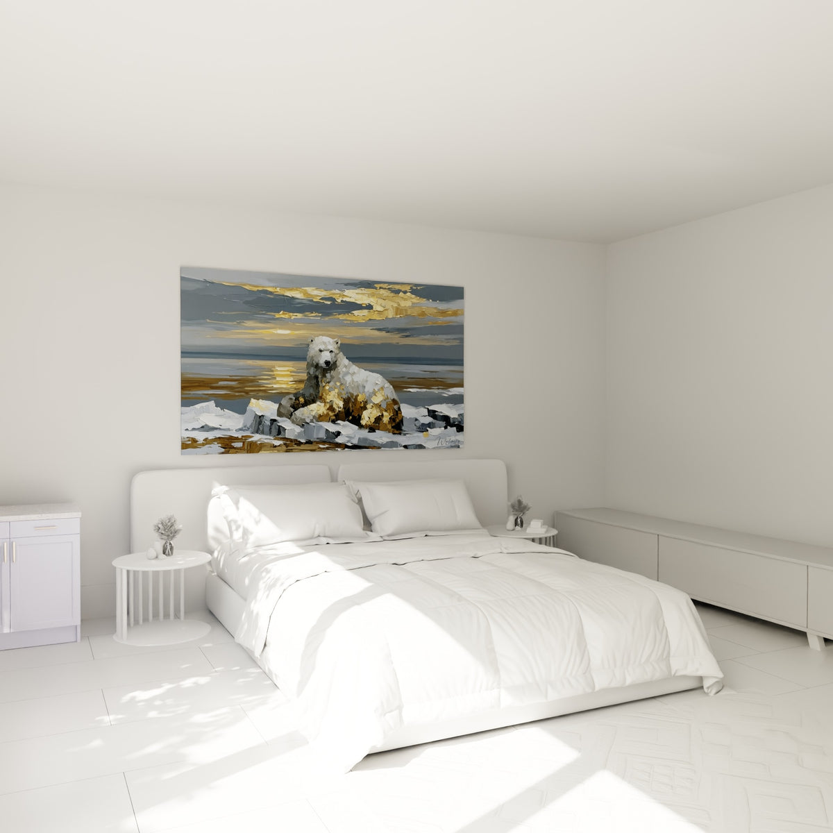 Silhouette d'ours polaire aux reflets dorés sur fond gris anthracite, accrochée au-dessus d'un lit dans une chambre claire