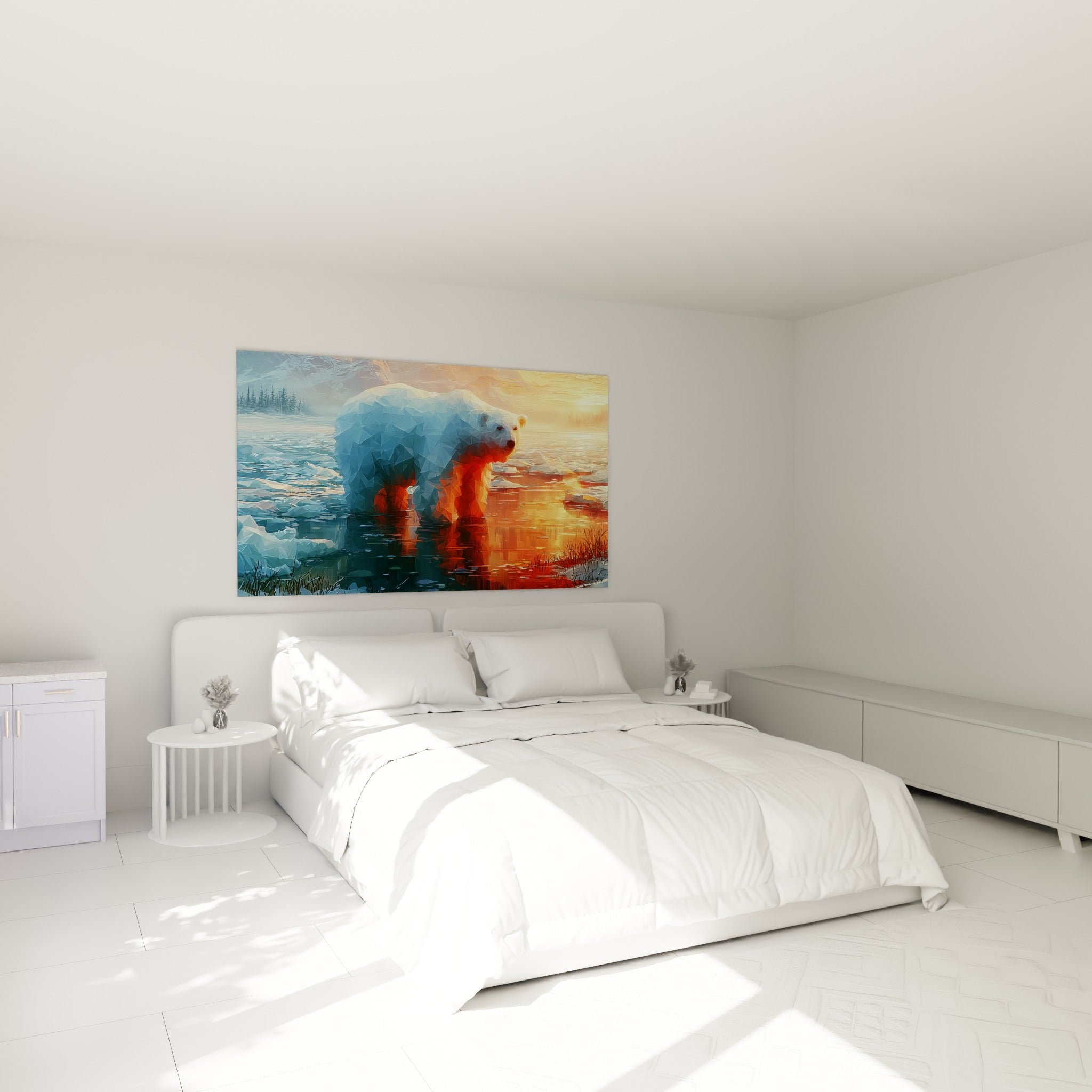 Ours polaire aux teintes bleu nuit et corail, pattes dans l'eau, accroché au-dessus d'un lit dans une chambre claire