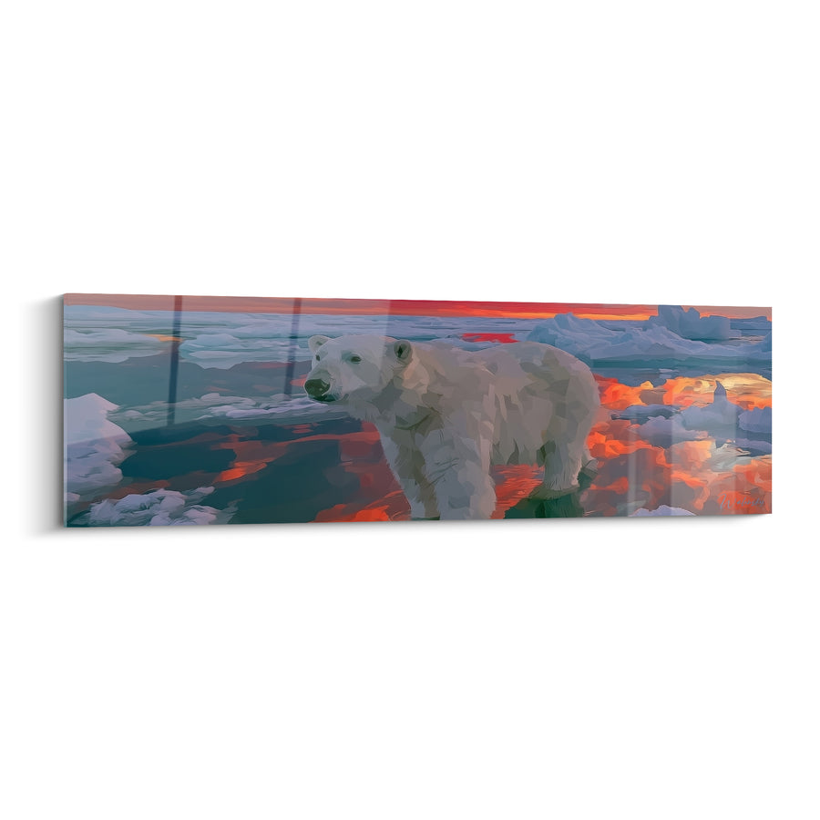 Tableau Ours polaire blanc et rouge sur banquise embrasée - Reflets d'icebergs lointains - Edition Ours polaire