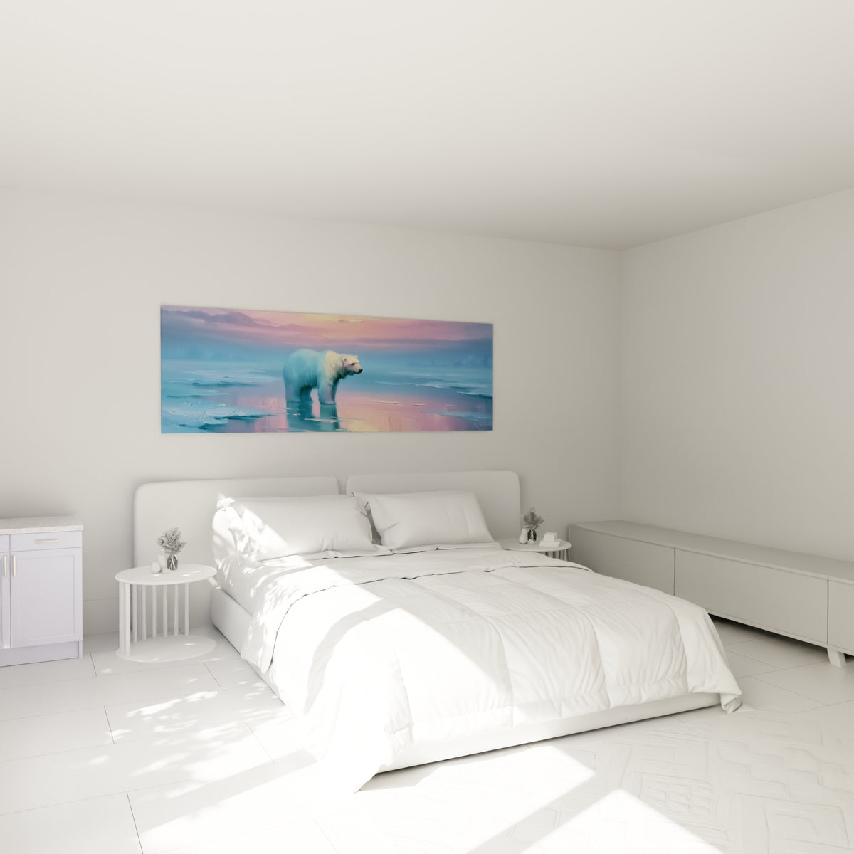 Ours polaire face au ciel rose et mauve, silhouette blanche sur glace bleutée, au-dessus d'un lit dans une chambre claire