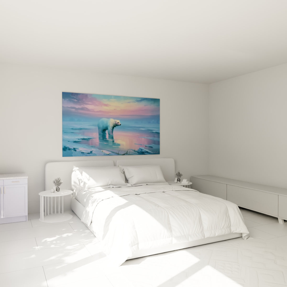 Silhouette blanche d'ours polaire face à un ciel rose et turquoise, au-dessus d'un lit dans une chambre claire