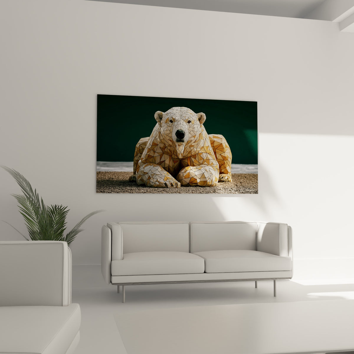 Silhouette géométrique d'un ours polaire doré et vert posée au-dessus d'un canapé dans un salon lumineux