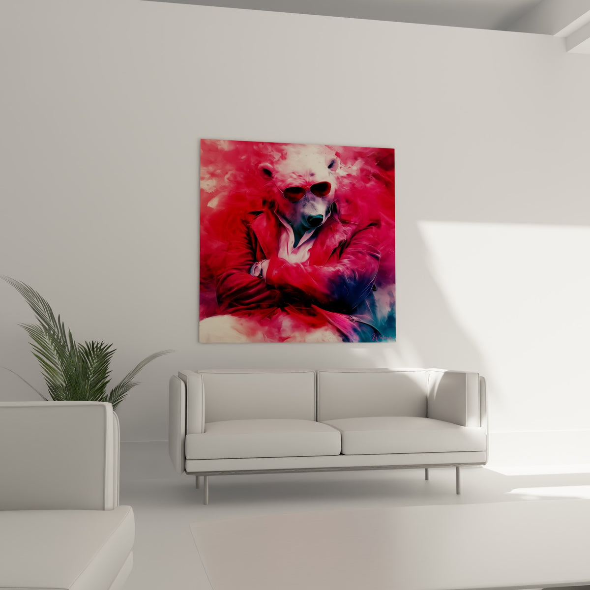 Ours polaire vêtu de rouge et de blanc, posé au-dessus d'un canapé dans un salon lumineux