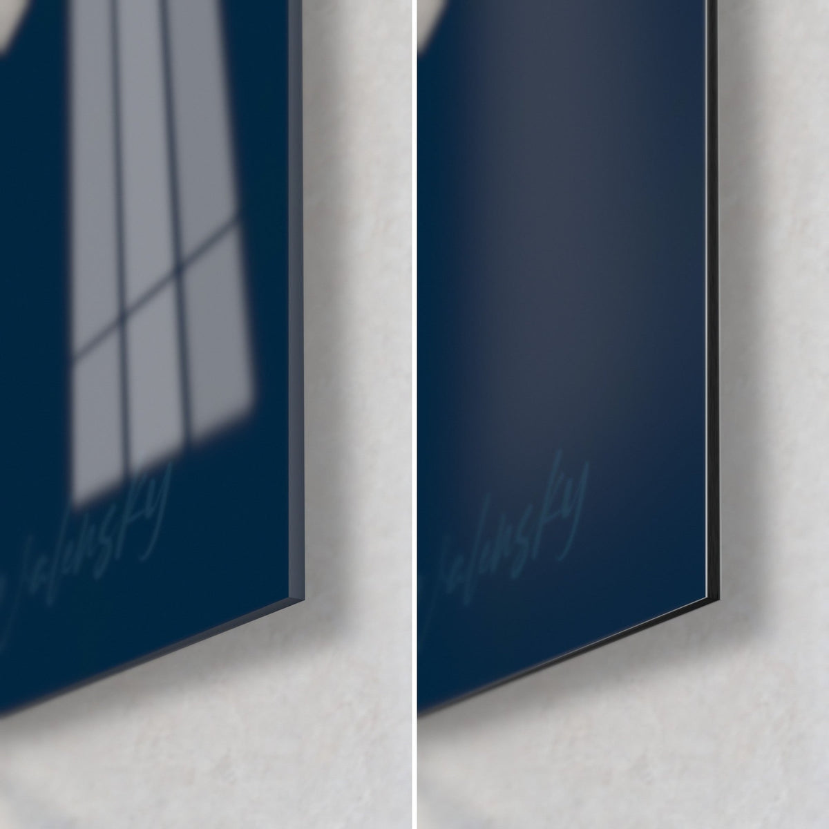 Wall art faceted polar bear, bottom right corner: glossy acrylic glass on the left, matte Dibond aluminum on the right, black edge