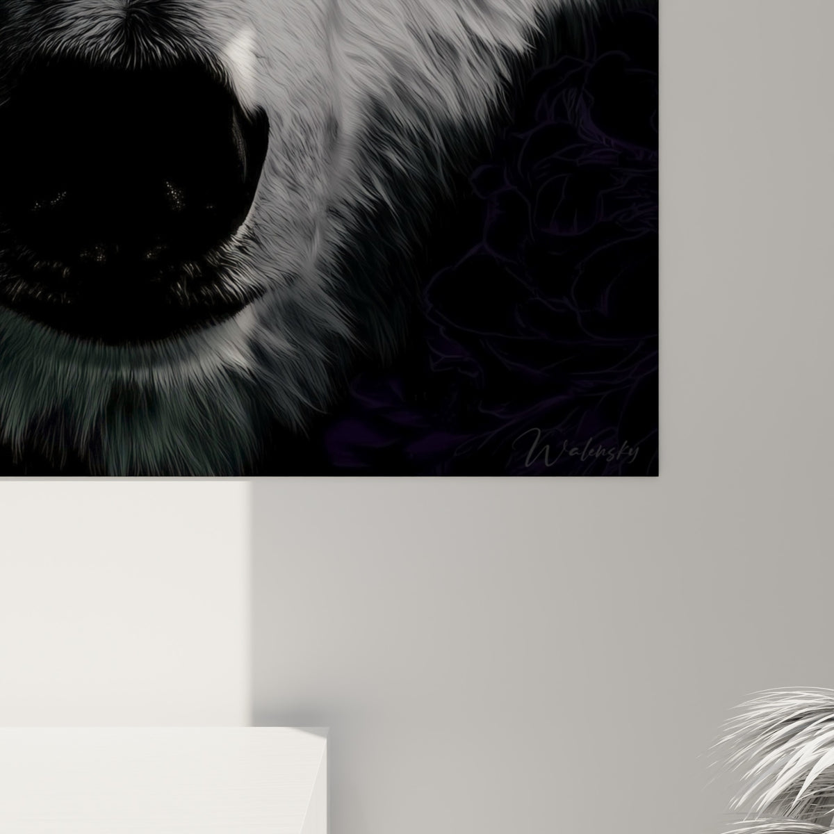 Empâtements fins du pelage blanc de l'ours polaire, grain noir du museau et reflets violets discrets
