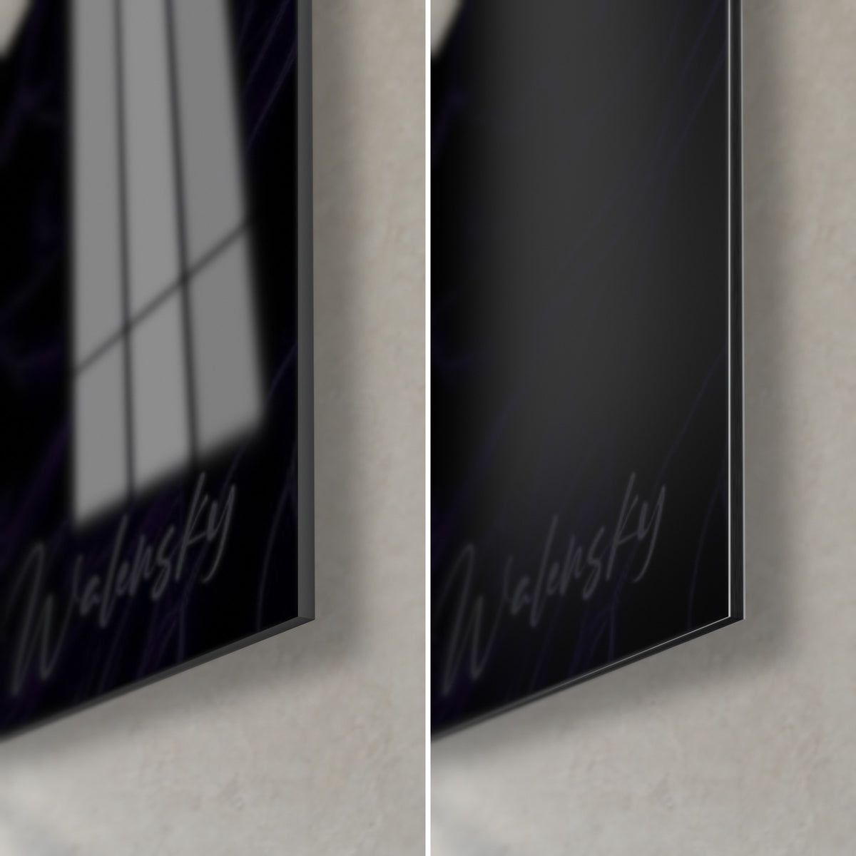Schilderij gezicht van een ijsbeer, rechtsonder: glanzend glas met grijze reflecties, mat zwart Dibond en rand van 3 mm
