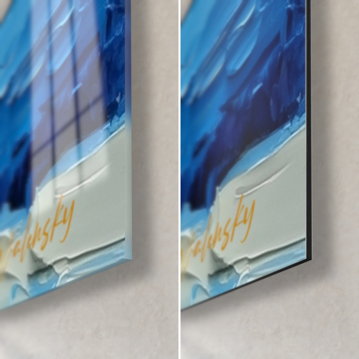 Gemälde Eisbärjunge mit Spachteltechnik, untere rechte Ecke: glänzendes Acrylglas links, mattes Dibond rechts, gelbe Signatur und 3 mm Kante