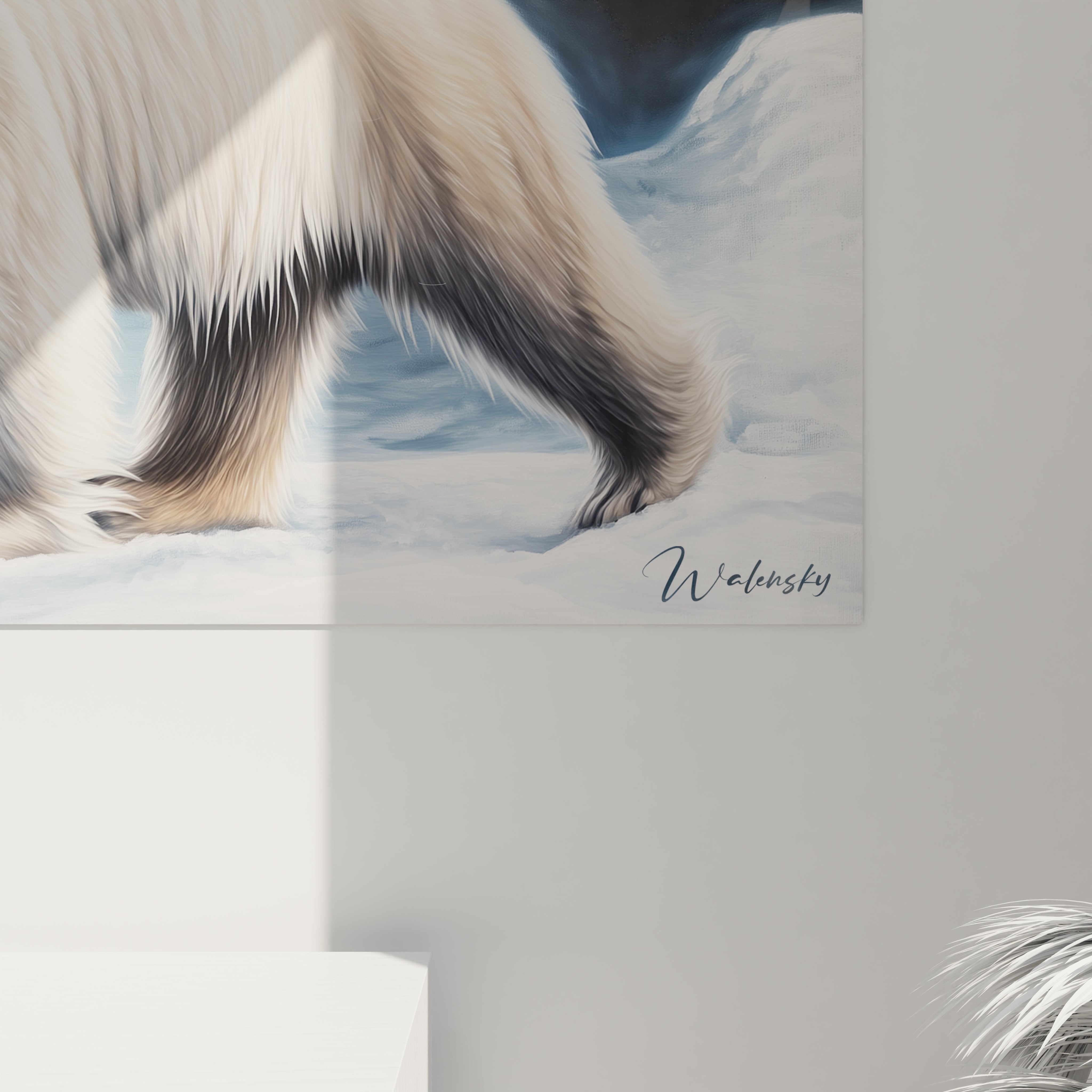 Tableau ours polaire Walensky détaillant la patte d'un ours sur la neige avec signature visible