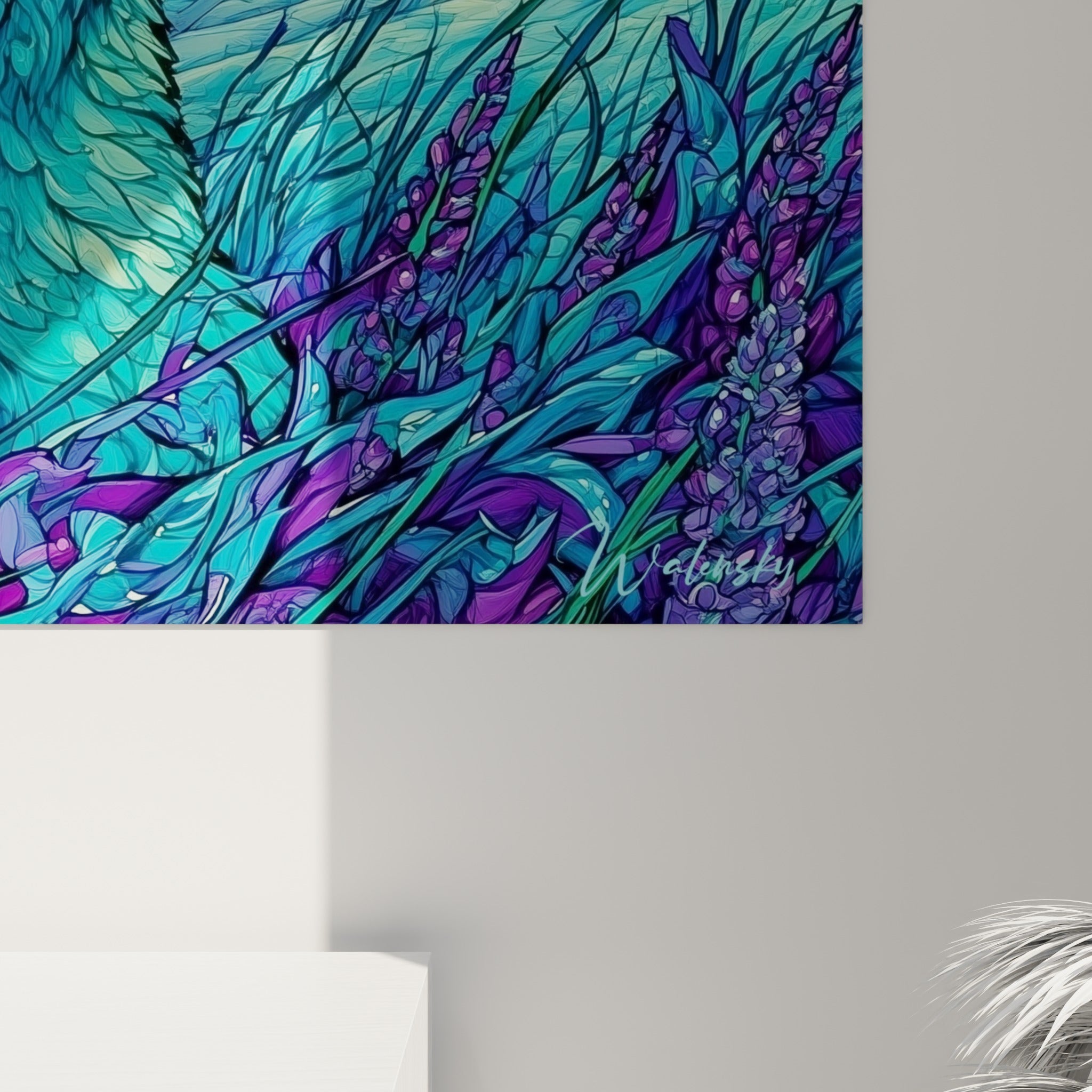 Détail du pelage ours polaire, spirales turquoise et empâtements dorés visibles sur la toile