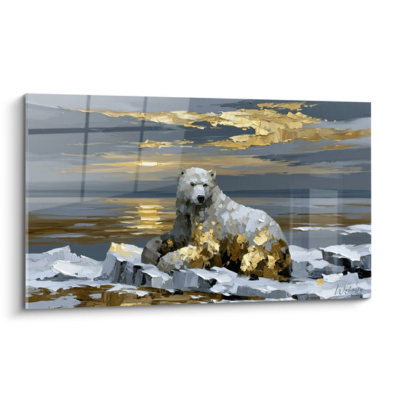 Ours polaire doré et blanc assis sur la banquise anthracite au couchant, peinture au couteau texturée