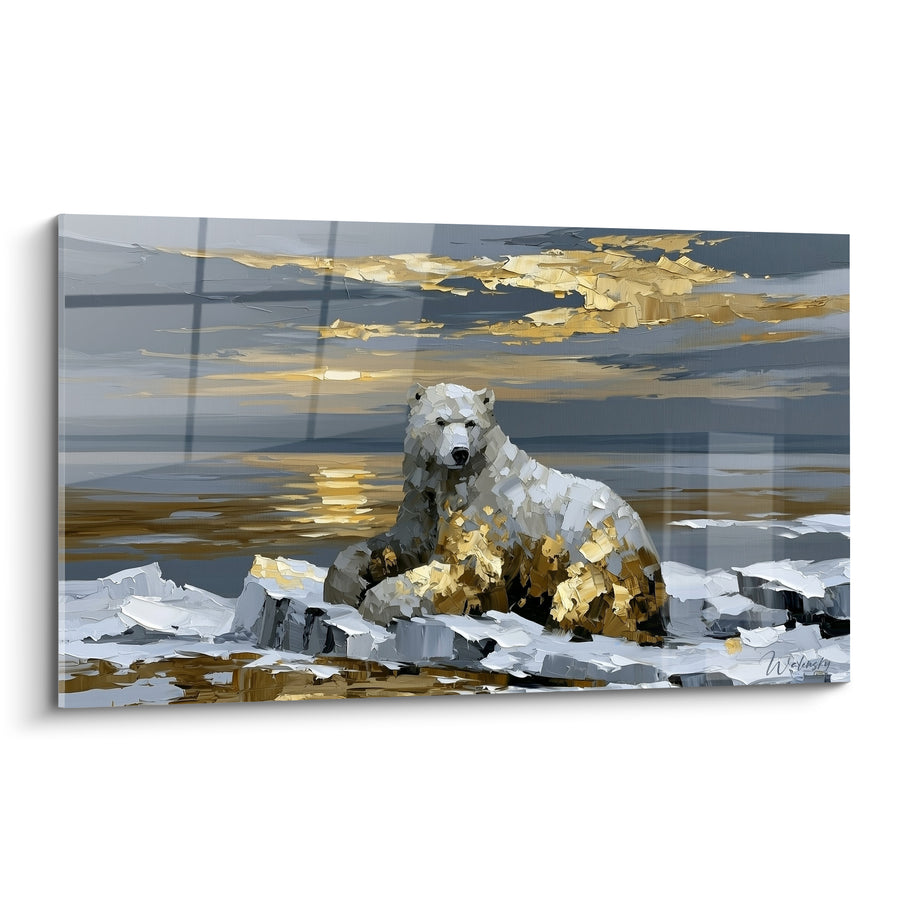Tableau Ours polaire aux teintes gris et or contemplant l'horizon marin - Ciel embrasé sur banquise - Edition Ours polaire