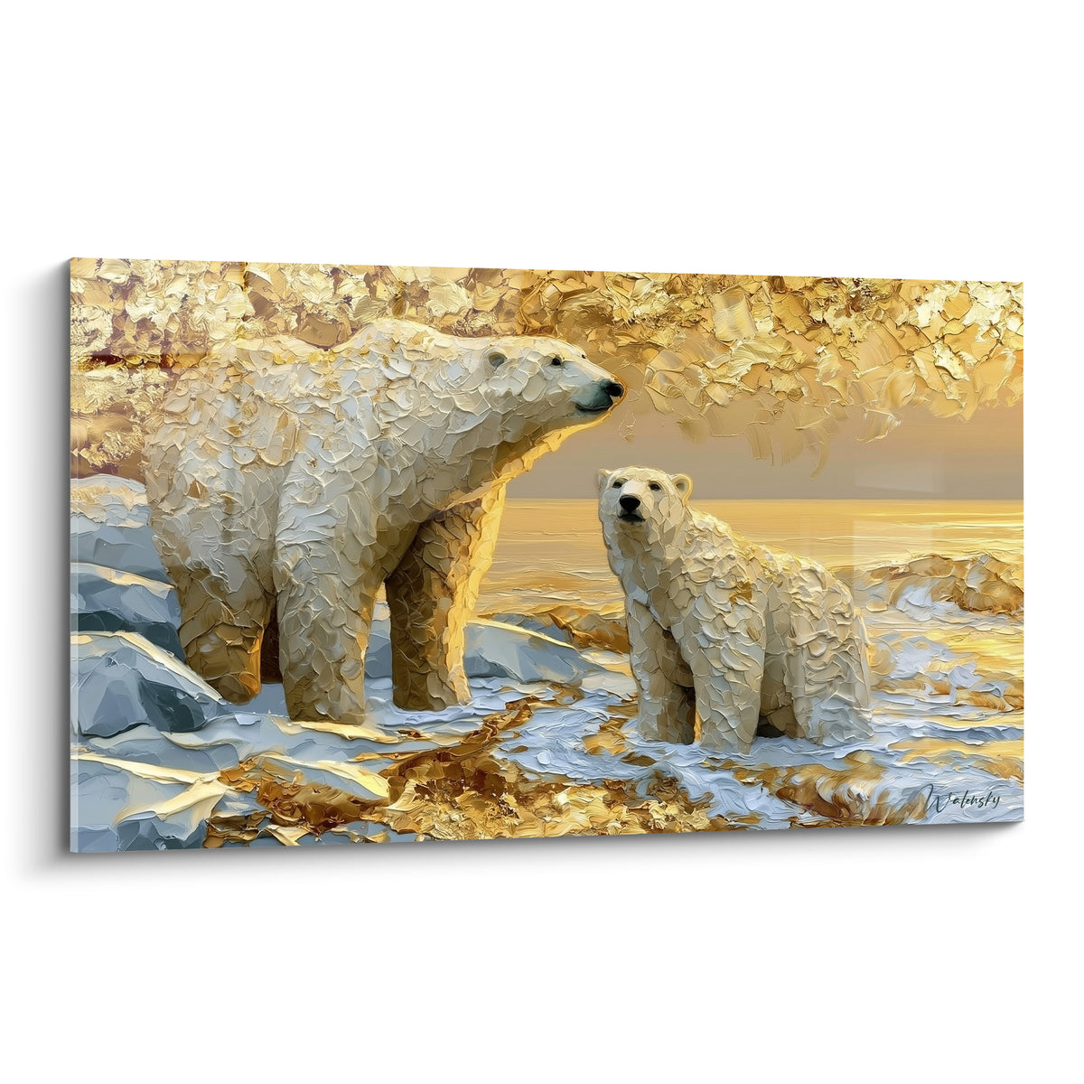 Ours polaire doré et son petit sur la banquise, empâtements dorés et gris glacé au crépuscule