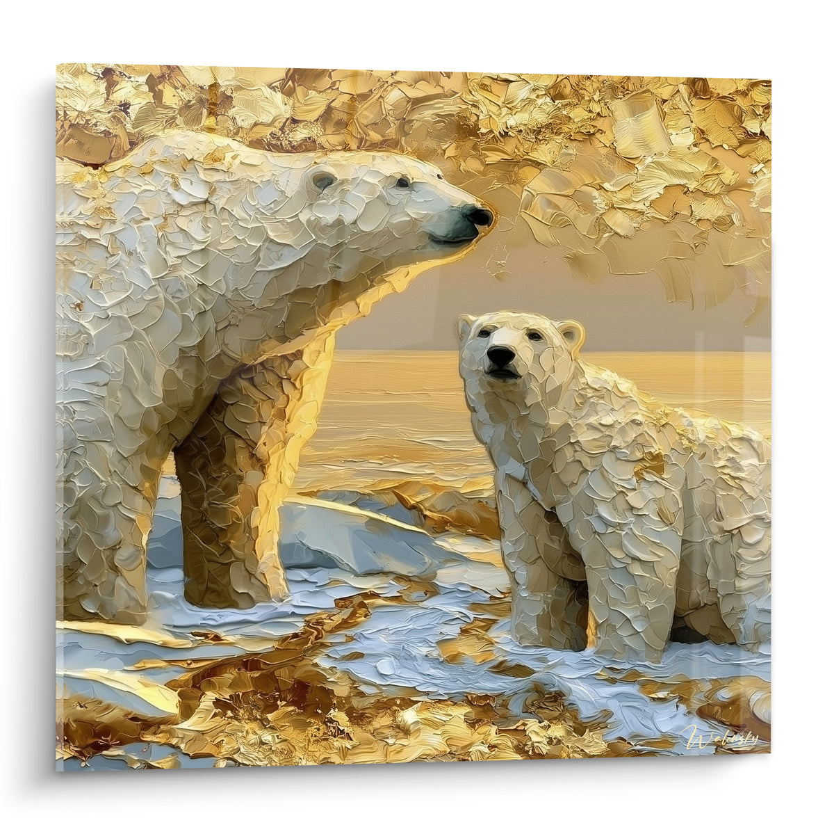 Ours polaire adulte et petit blancs et dorés sur banquise texturée en peinture empâtée