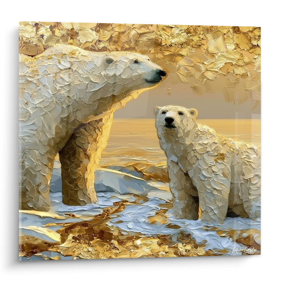 Ours polaire adulte et petit blancs et dorés sur banquise texturée en peinture empâtée