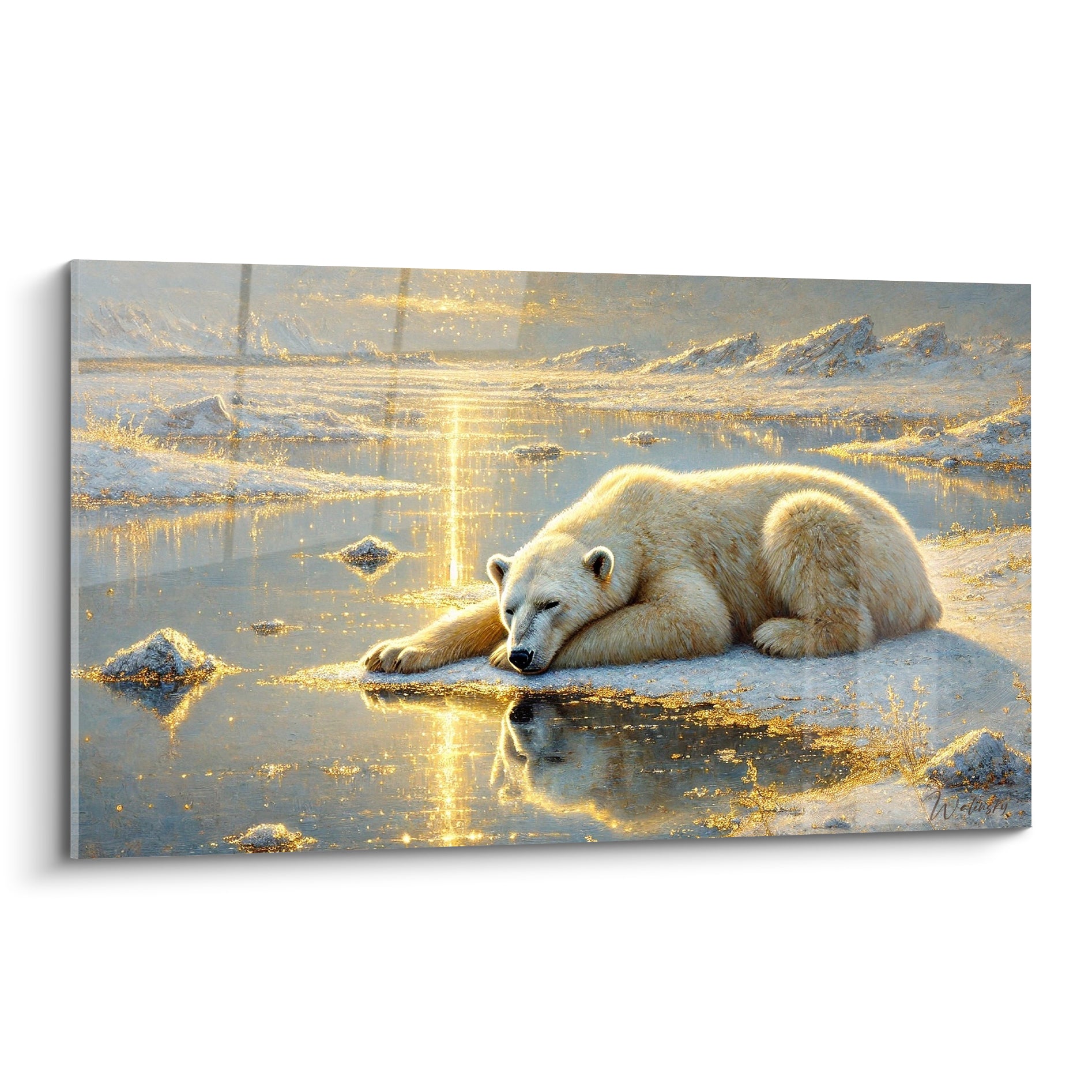 Ours polaire allongé sur la glace, fourrure crème et reflets dorés miroitants