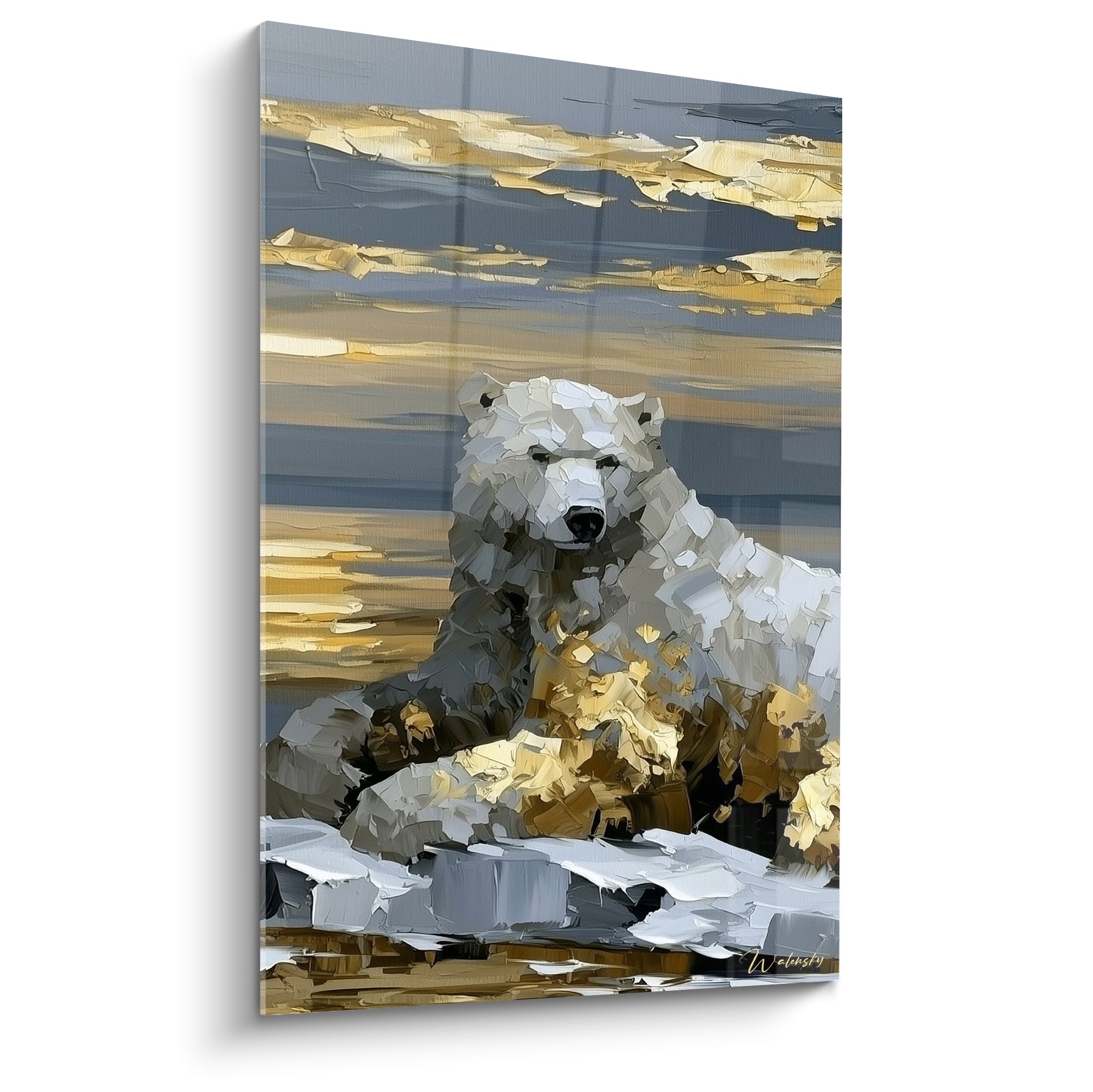 Ours polaire gris et doré assis sur la banquise, peinture texturée aux tons anthracite et ocre