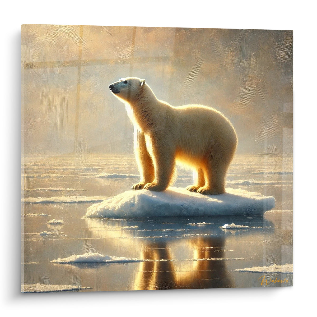 Ours polaire doré debout sur banquise, reflets ambrés et fond gris texturé brumeux