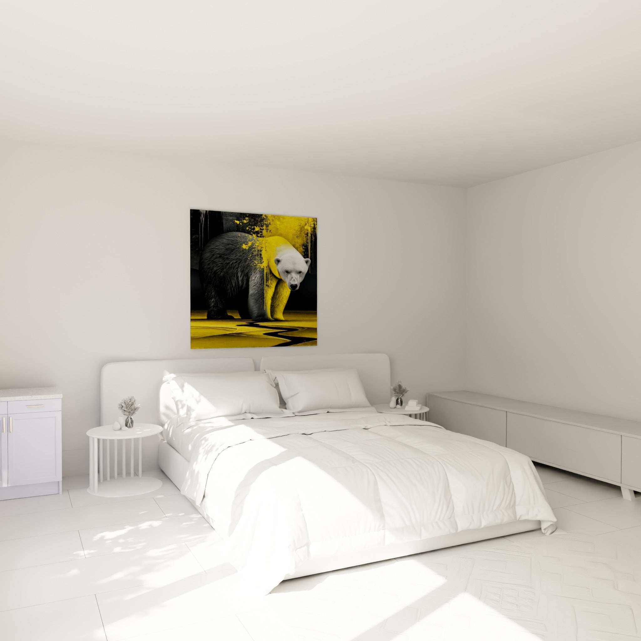 Ours polaire noir et jaune moutarde aux coulures dorées, accroché au-dessus d'un lit dans une chambre claire
