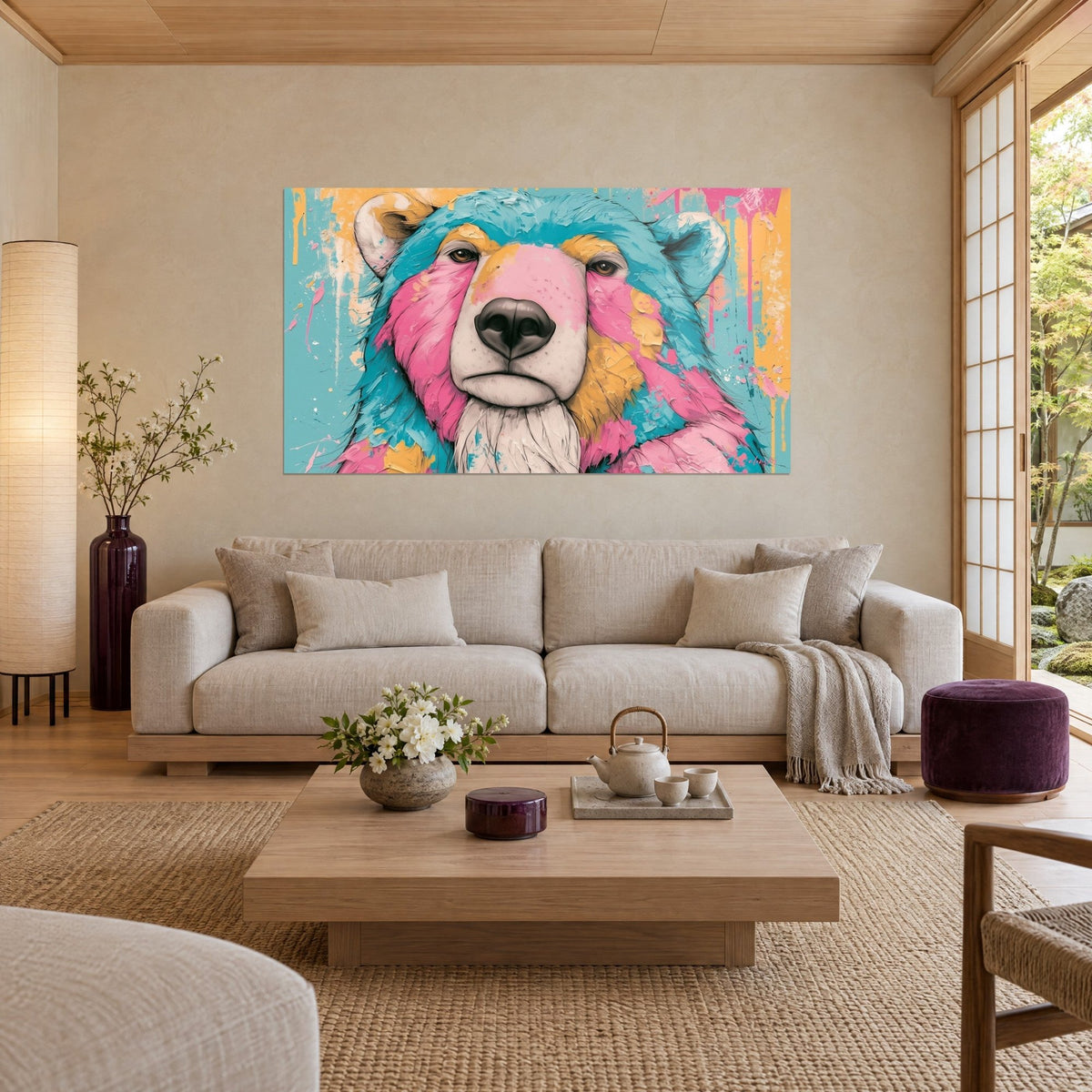 Gemälde Eisbär mit türkis-rosa Fell, schwarzer Schnauze, gelben Laufspuren, über einem Sofa in einem hellen Wohnzimmer