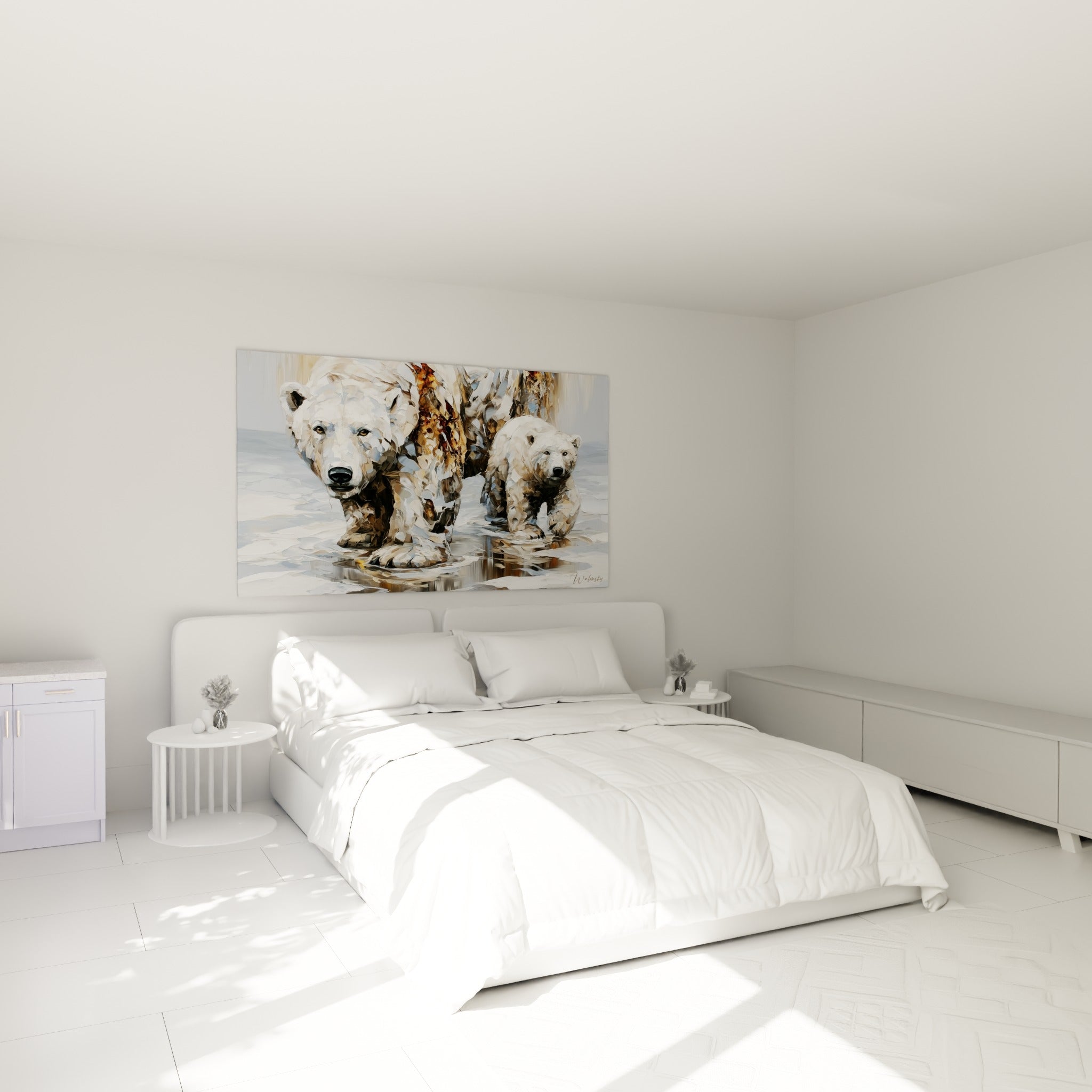 Mère ourse et ourson blanc terracotta doré au-dessus d'un lit dans une chambre claire