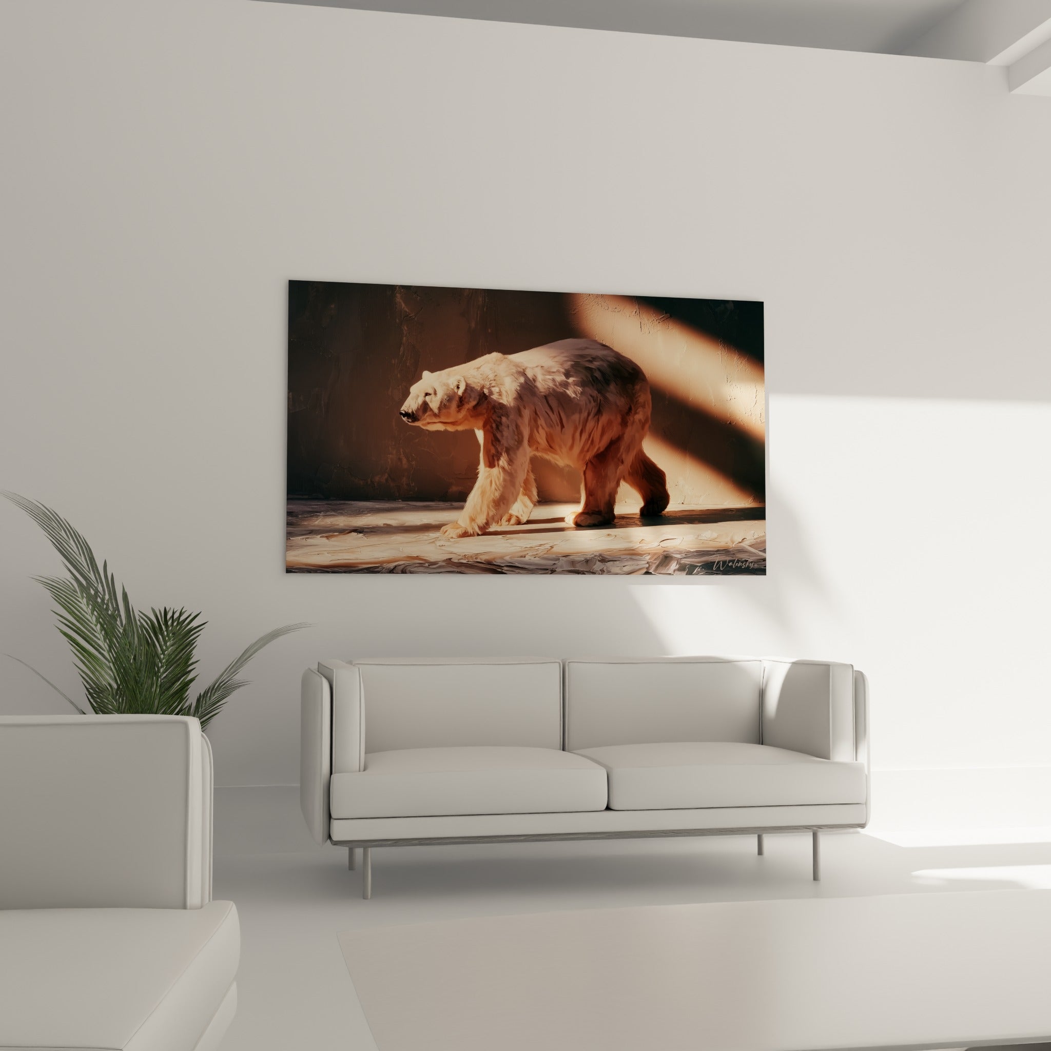 Pelage doré et ombres anthracite de l'ours polaire en marche, au-dessus d'un canapé dans un salon lumineux