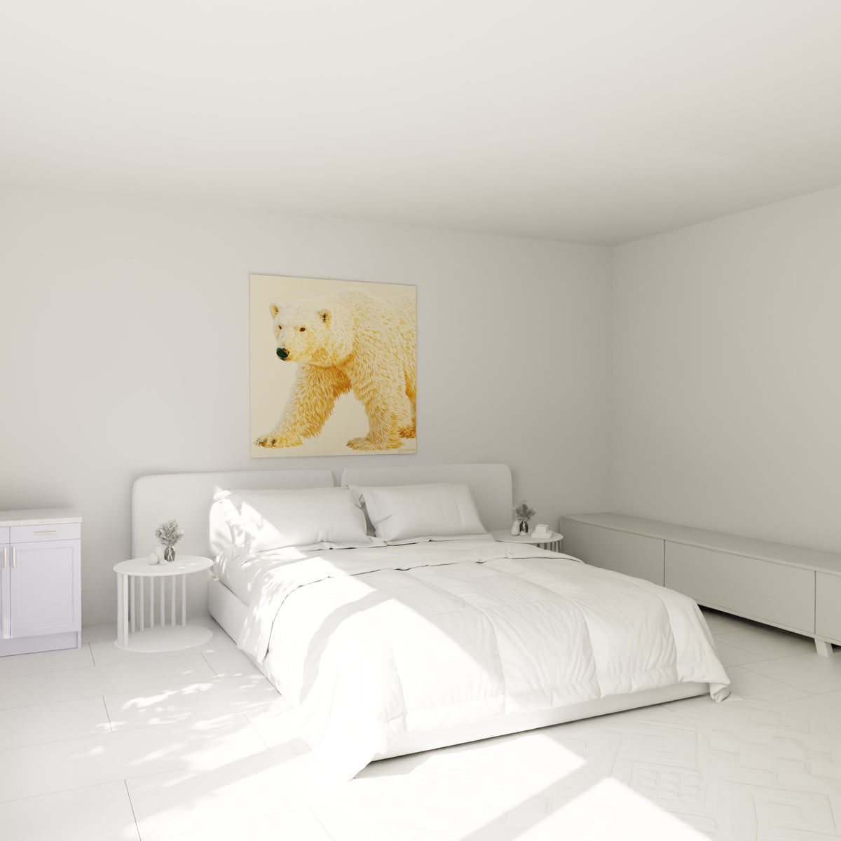 Silhouette d'ours polaire doré et ivoire au-dessus d'un lit dans une chambre claire