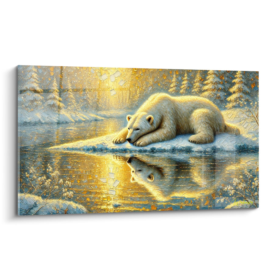 Tableau Ours allongé au bord d'une eau dorée - Contemplation silencieuse - Edition Ours polaire