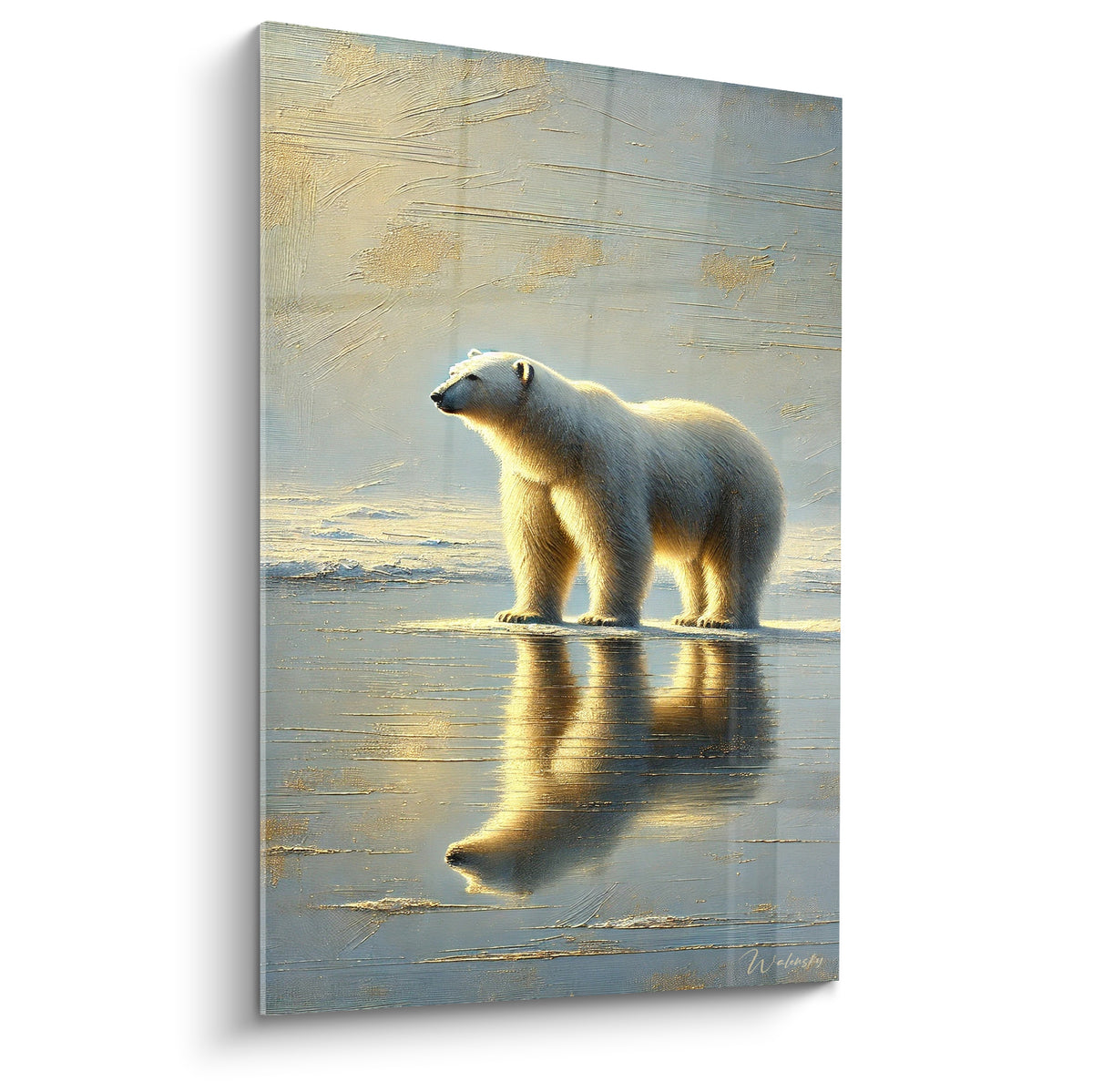 Ours polaire debout sur la glace, pelage blanc doré, reflet bleu glacé et anthracite saisissant