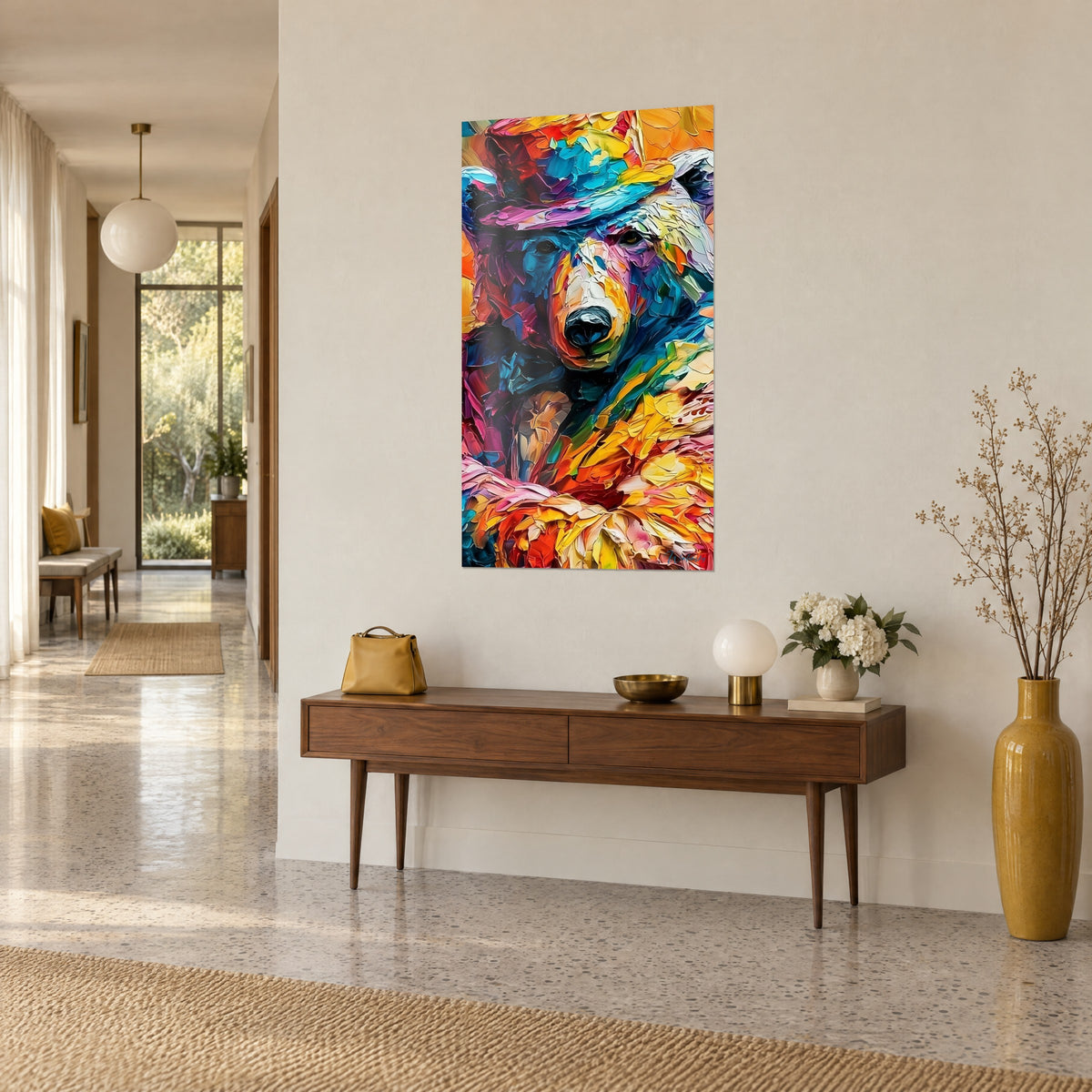 Wall art portrait of a white bear with a black muzzle, magenta and ochre shard-like fur, blue hat, on a beige hallway wall