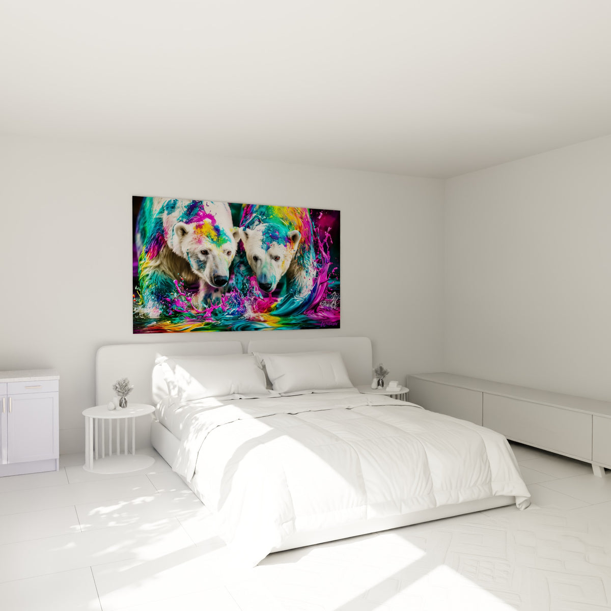 Ours polaires aux couleurs magenta et vert émeraude accrochés au-dessus d'un lit dans une chambre claire