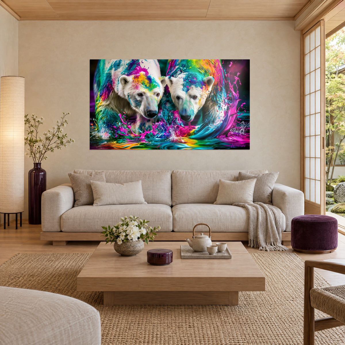 Tableau deux ours blancs aux pelages éclaboussés de rose et turquoise, éclats jaunes, au-dessus d'un canapé dans un salon lumineux