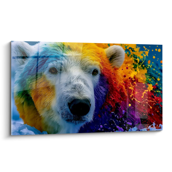 Tableau Ours polaire aux teintes jaune et violette éclaboussées - Explosion de peinture - Edition Ours polaire
