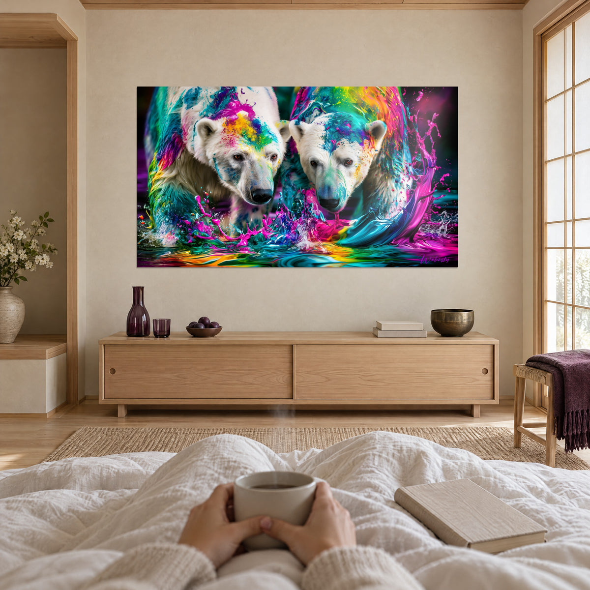 Tableau couple d'ours polaires barbouillés de violet et de turquoise, deux personnes de dos, au-dessus d'un lit dans une chambre claire