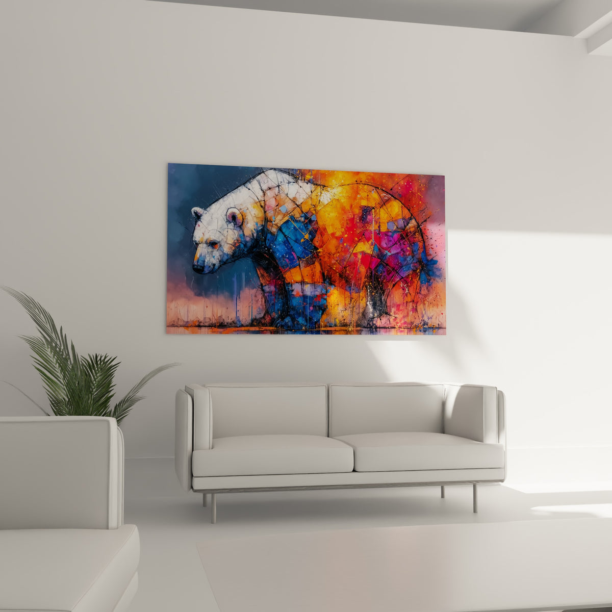 Silhouette d'ours polaire éclatée en fragments rouge et bleu marine, au-dessus d'un canapé dans un salon lumineux