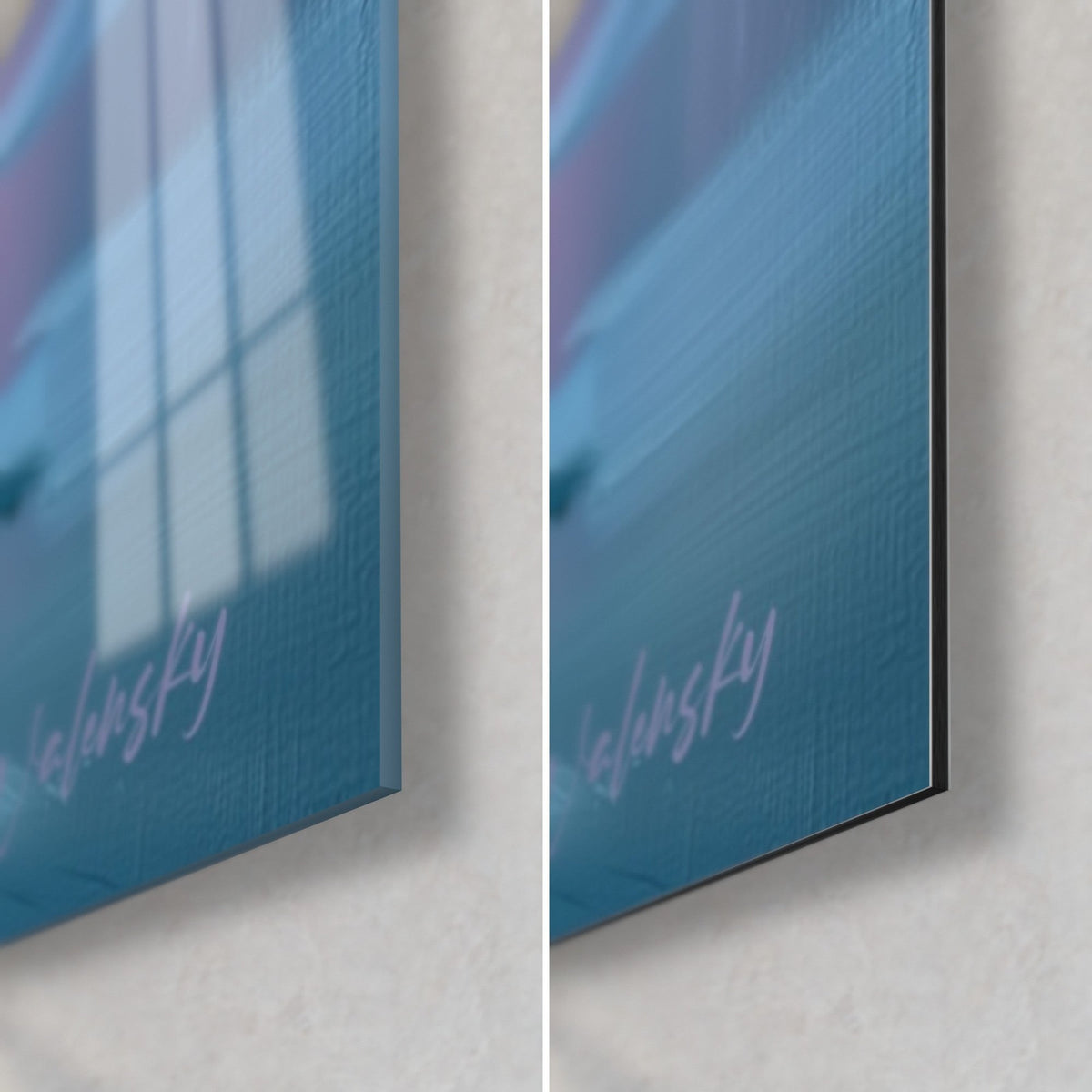 Wall art polar bear on azure and pink ice floe, bottom right corner: glossy acrylic glass on the left, matte black Dibond on the right, 3 mm edge