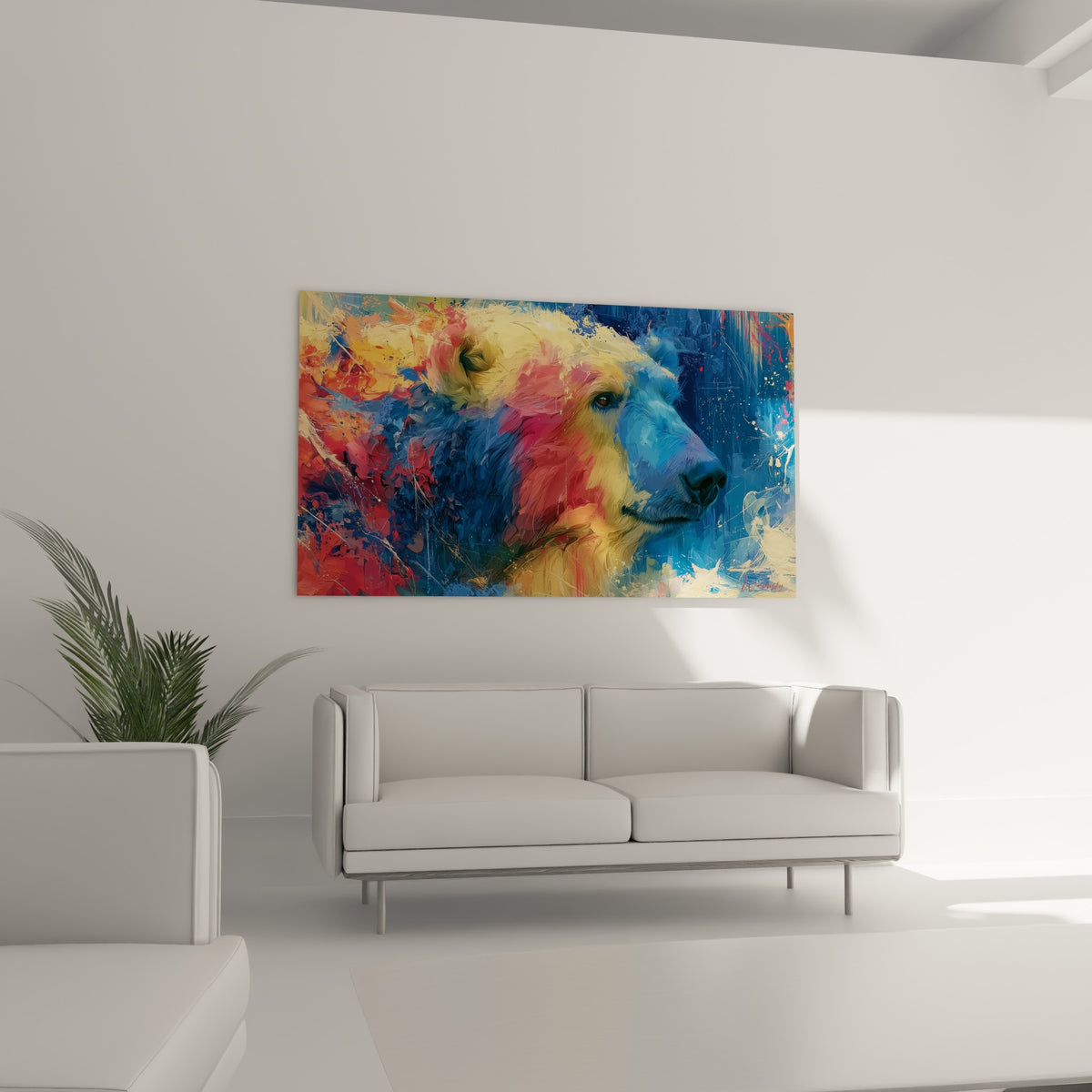 Portrait d'ours polaire multicolore aux empâtements épais, accroché au-dessus d'un canapé dans un salon lumineux