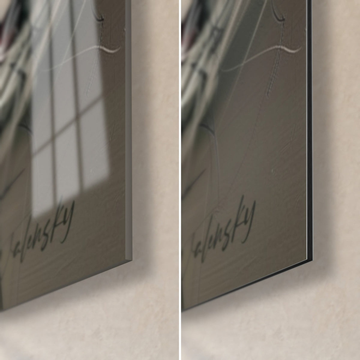 Quadro orso polare, firma nera Walensky in basso a destra, vetro lucido con riflessi, Dibond grigio opaco, bordo 3 mm