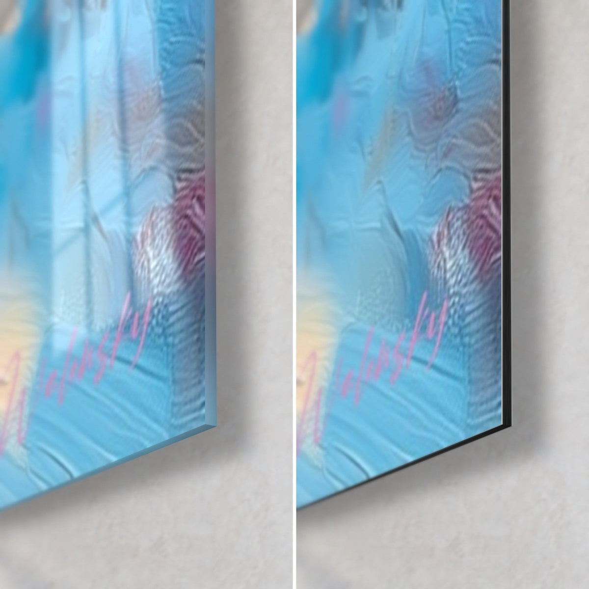 Cuadro oso polar plantígrado con pinceladas azul cielo y rosa, esquina inferior derecha de cristal brillante y Dibond mate, canto de 3 mm
