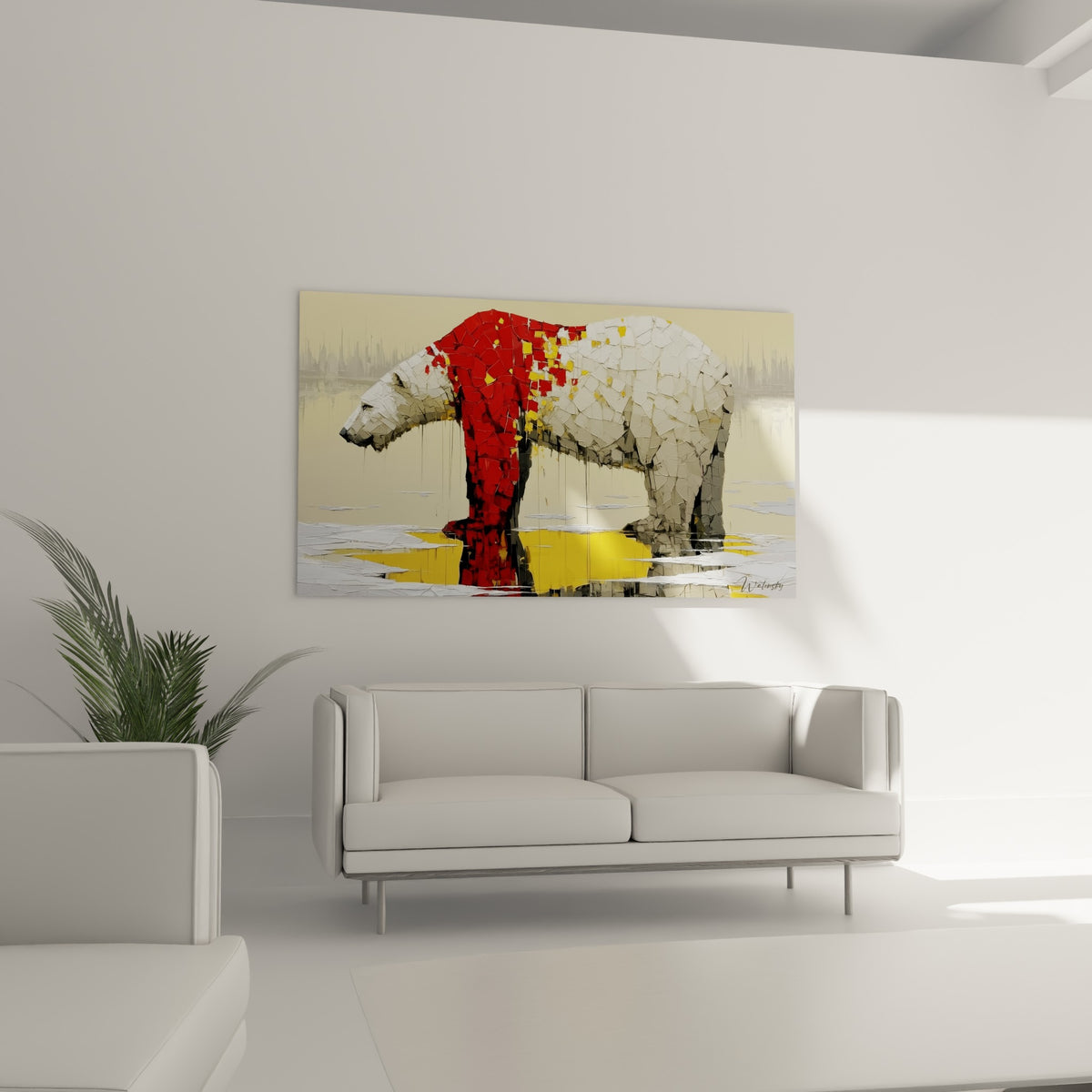 Ours polaire aux empâtements blancs et rouges accroché au-dessus d'un canapé dans un salon lumineux