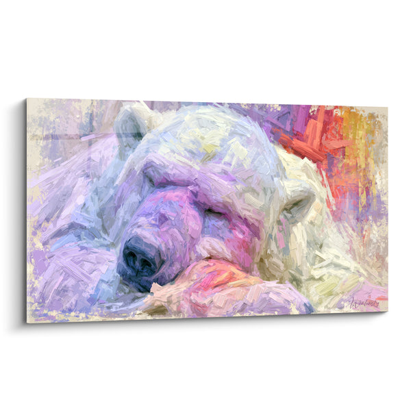 Tableau Ours polaire endormi aux teintes mauve et corail - Sommeil paisible - Edition Ours polaire