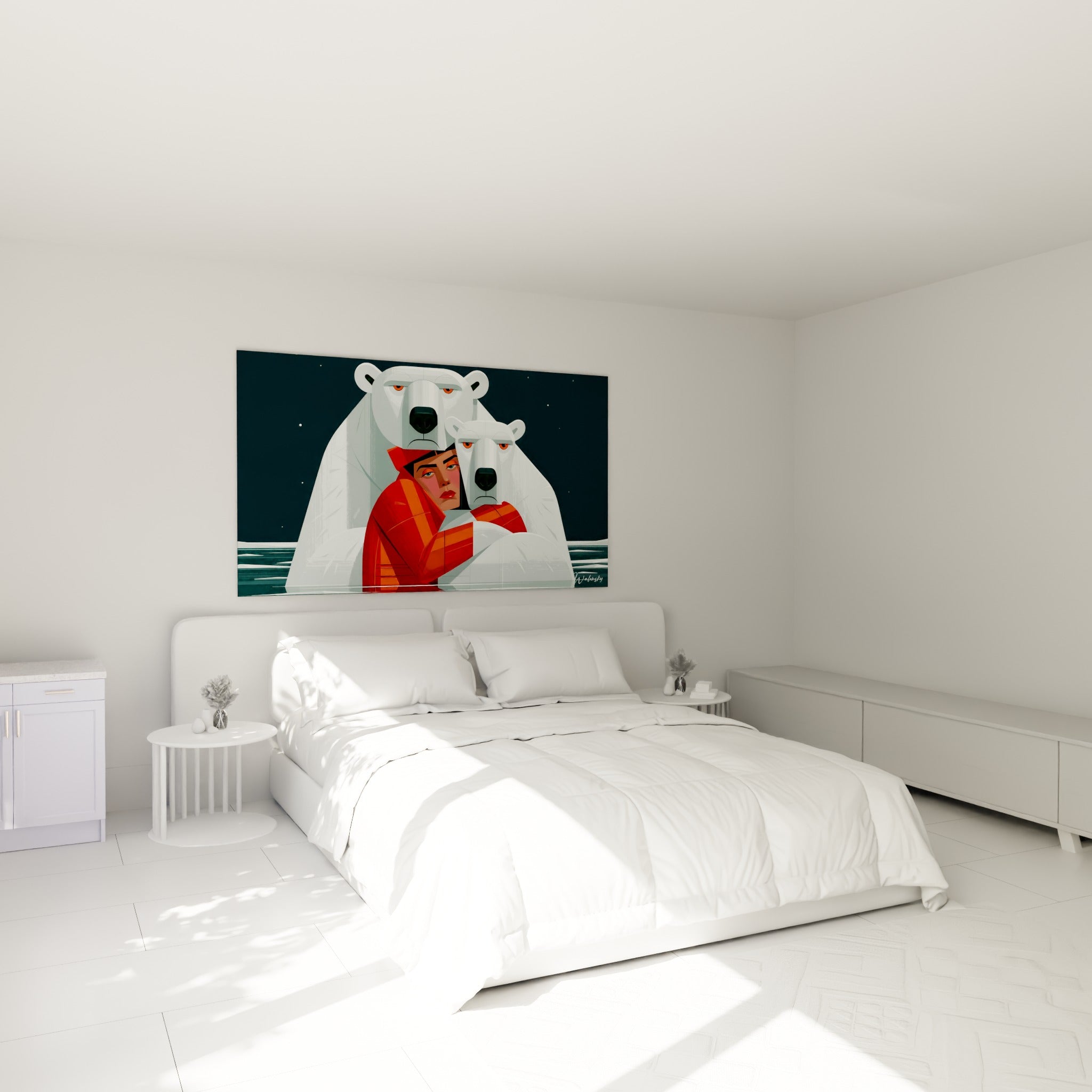 Femme en rouge blottie entre deux ours polaires blancs accrochée au-dessus d'un lit dans une chambre claire