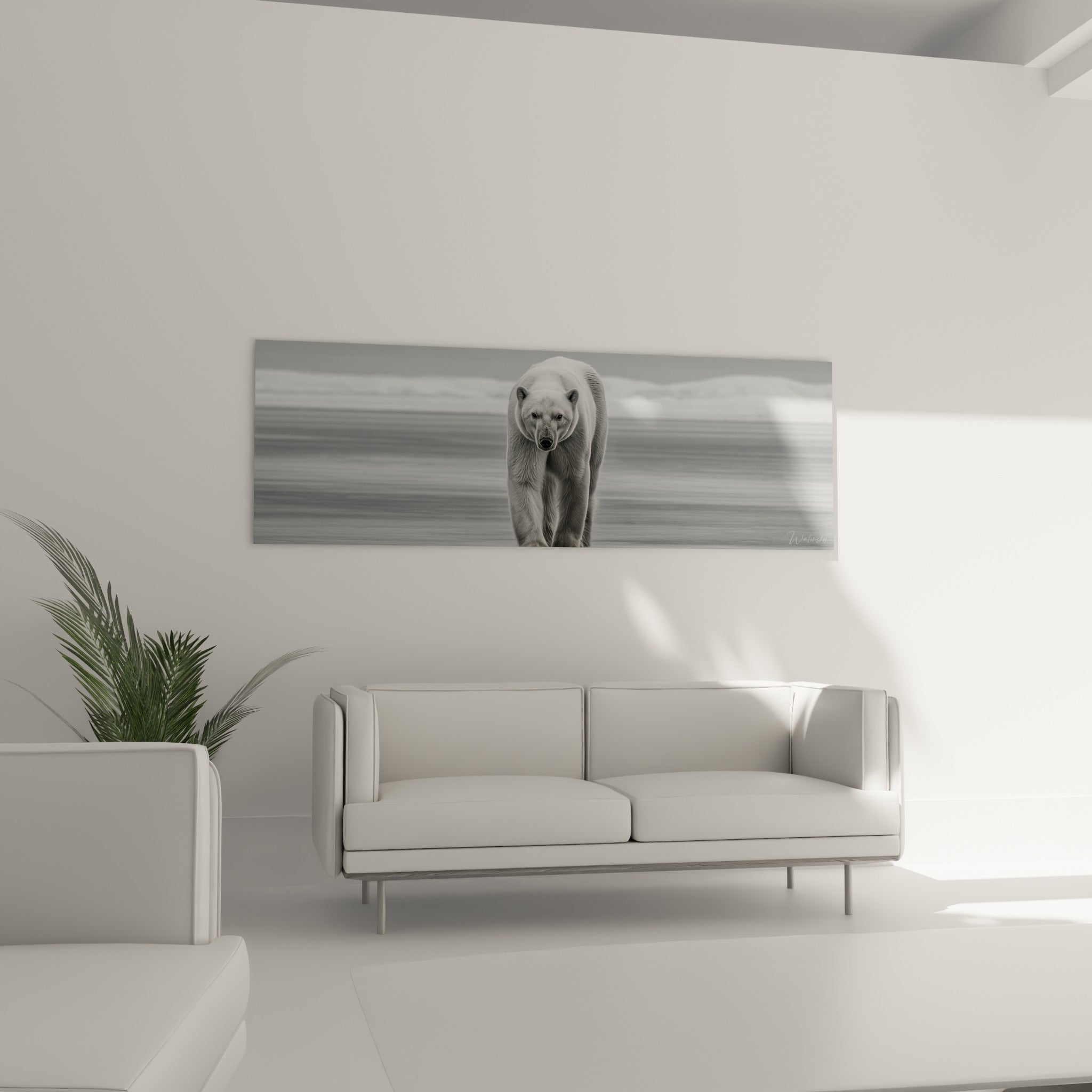 Regard perçant d'un ours polaire blanc immaculé au-dessus d'un canapé dans un salon lumineux